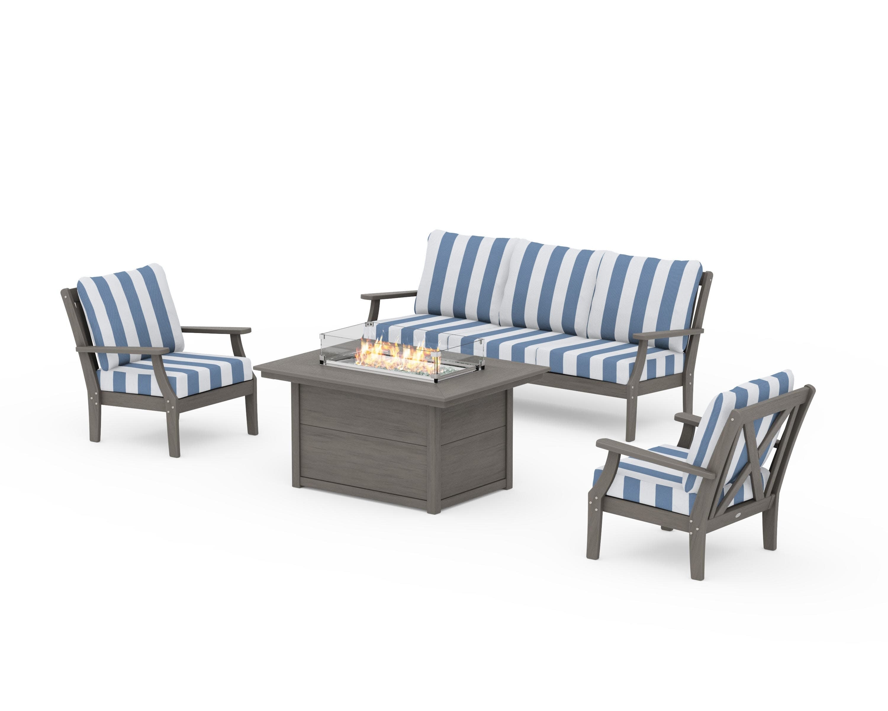 Braxton Deep Seating Fire Pit Table Set in Driftwood / Cabana Stripe Sky Blue