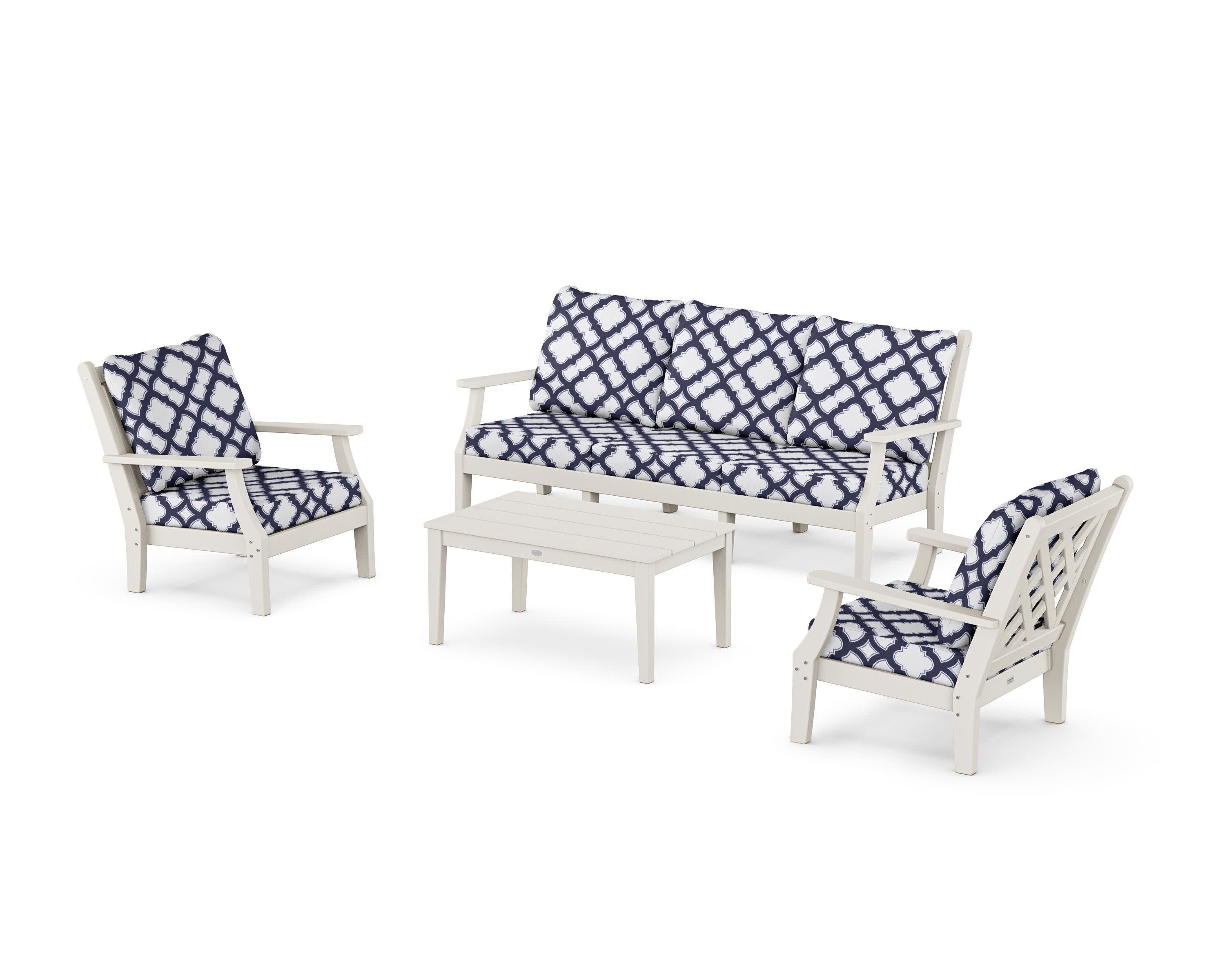 Wovendale 4-Piece Deep Seating Set with Sofa in Sand / Trellis Navy