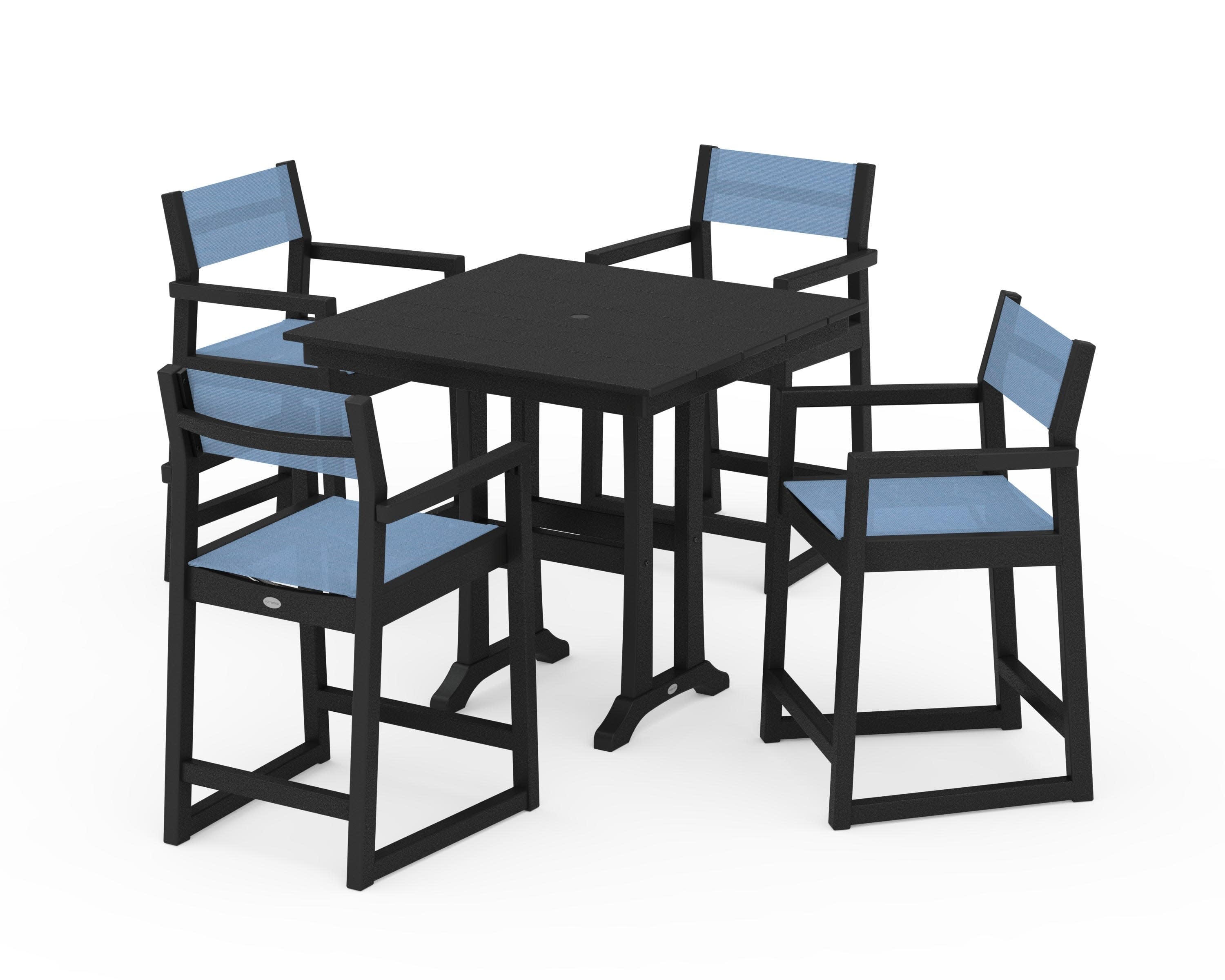 EDGE Sling Arm Chair 5-Piece Farmhouse Counter Set with Trestle Legs in Black / Poolside Sling