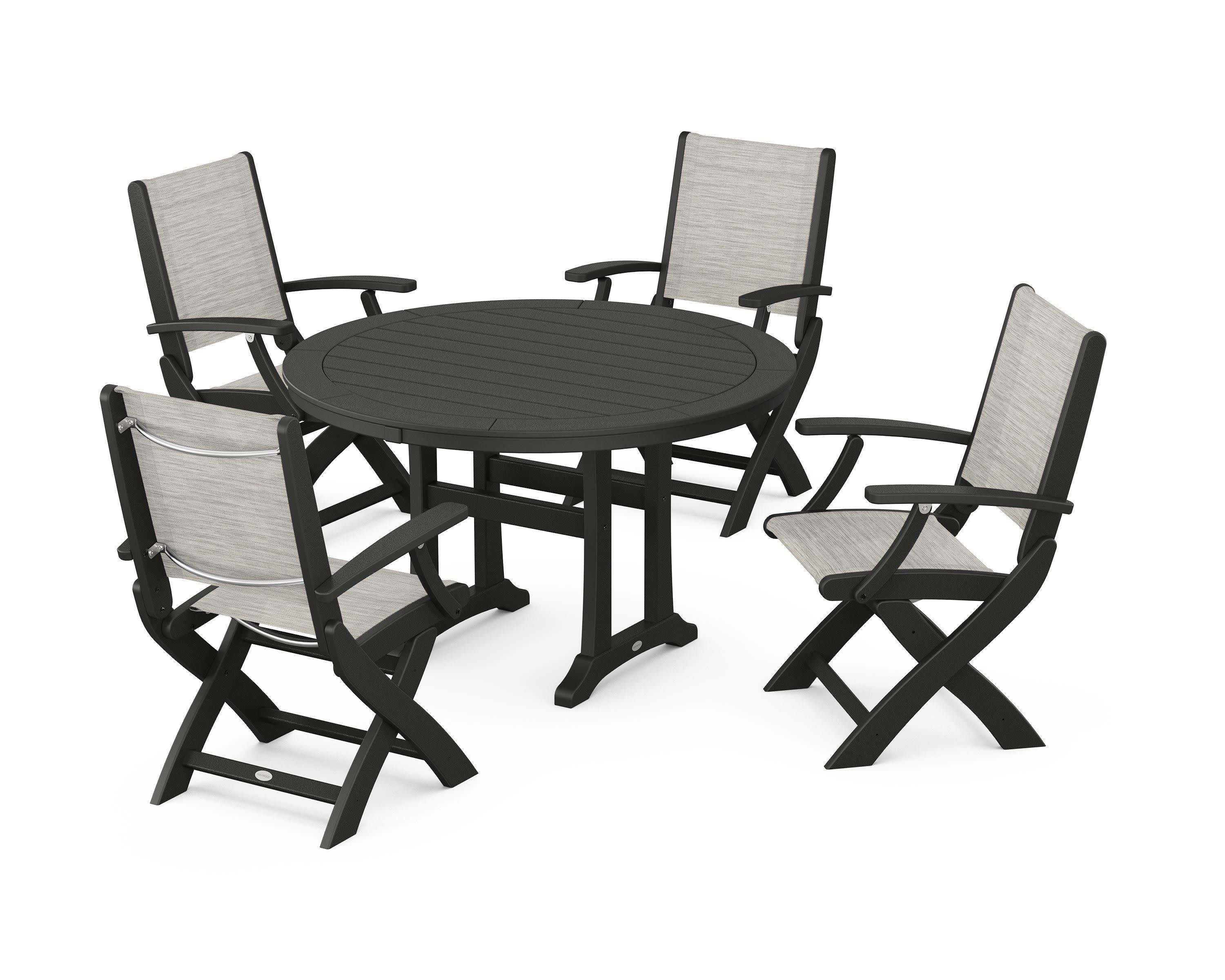 Coastal Folding Chair 5-Piece Round Dining Set with Trestle Legs in Black / Birch Sling