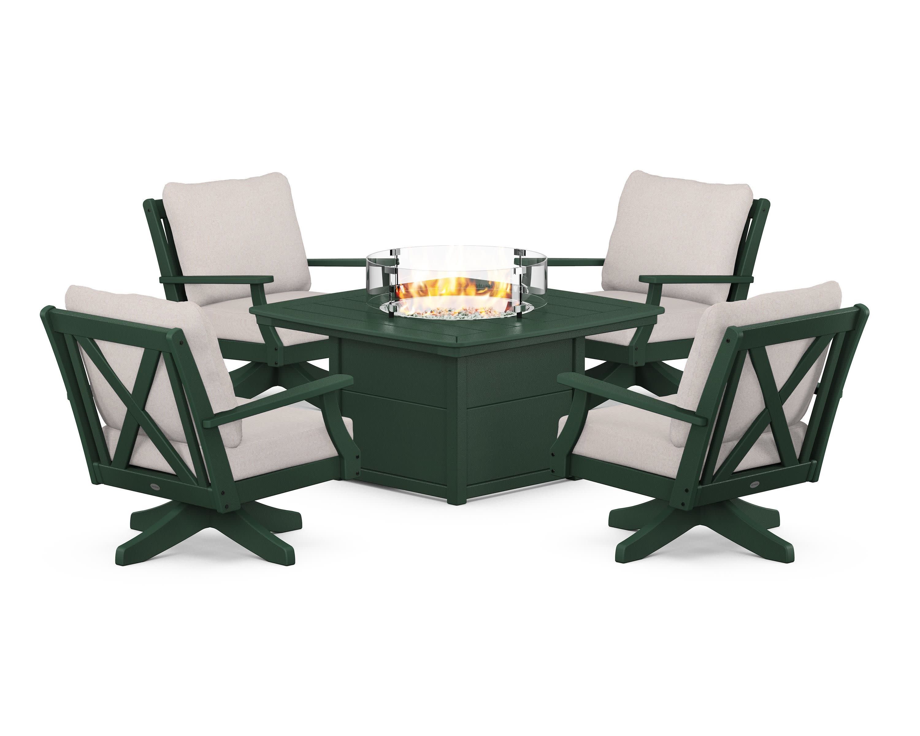 Braxton 5-Piece Deep Seating Swivel Conversation Set with Fire Pit Table in Green / Dune Burlap
