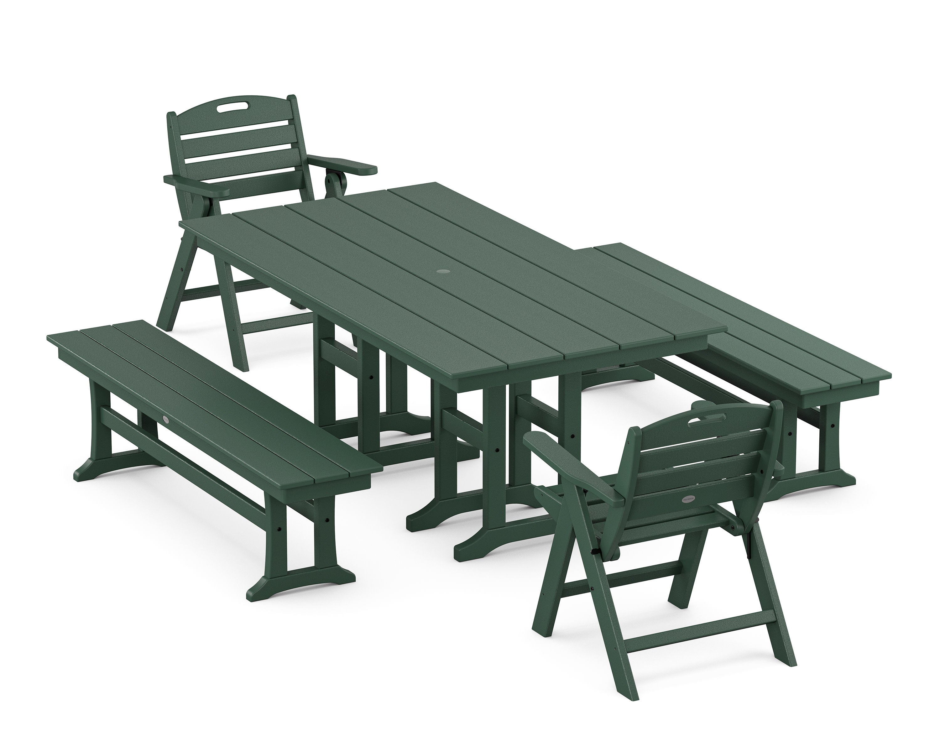 Nautical Lowback 5-Piece Farmhouse Dining Set with Benches in Green