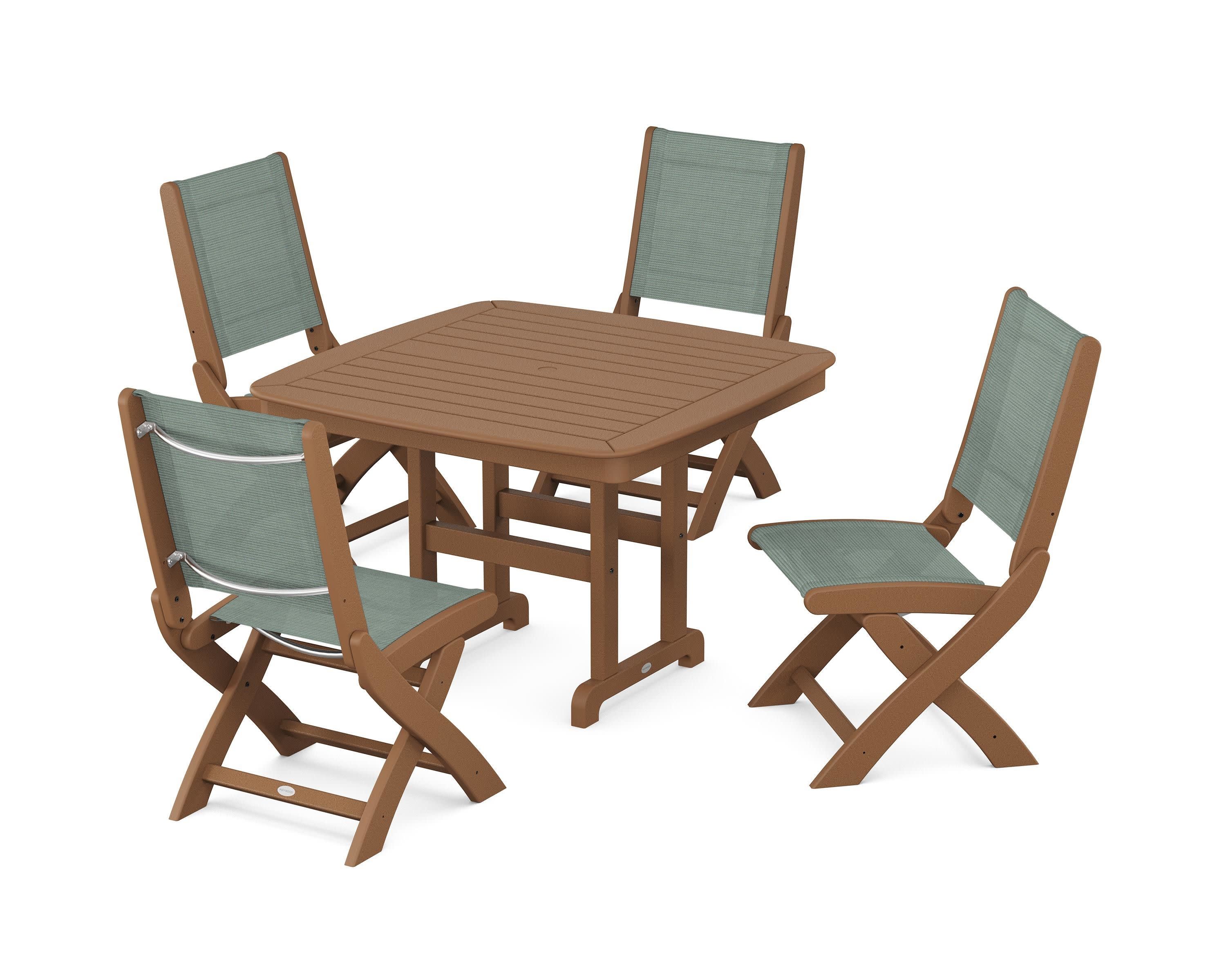 Coastal Folding Side Chair 5-Piece Dining Set in Teak / Dupioni Sea Mist Sling