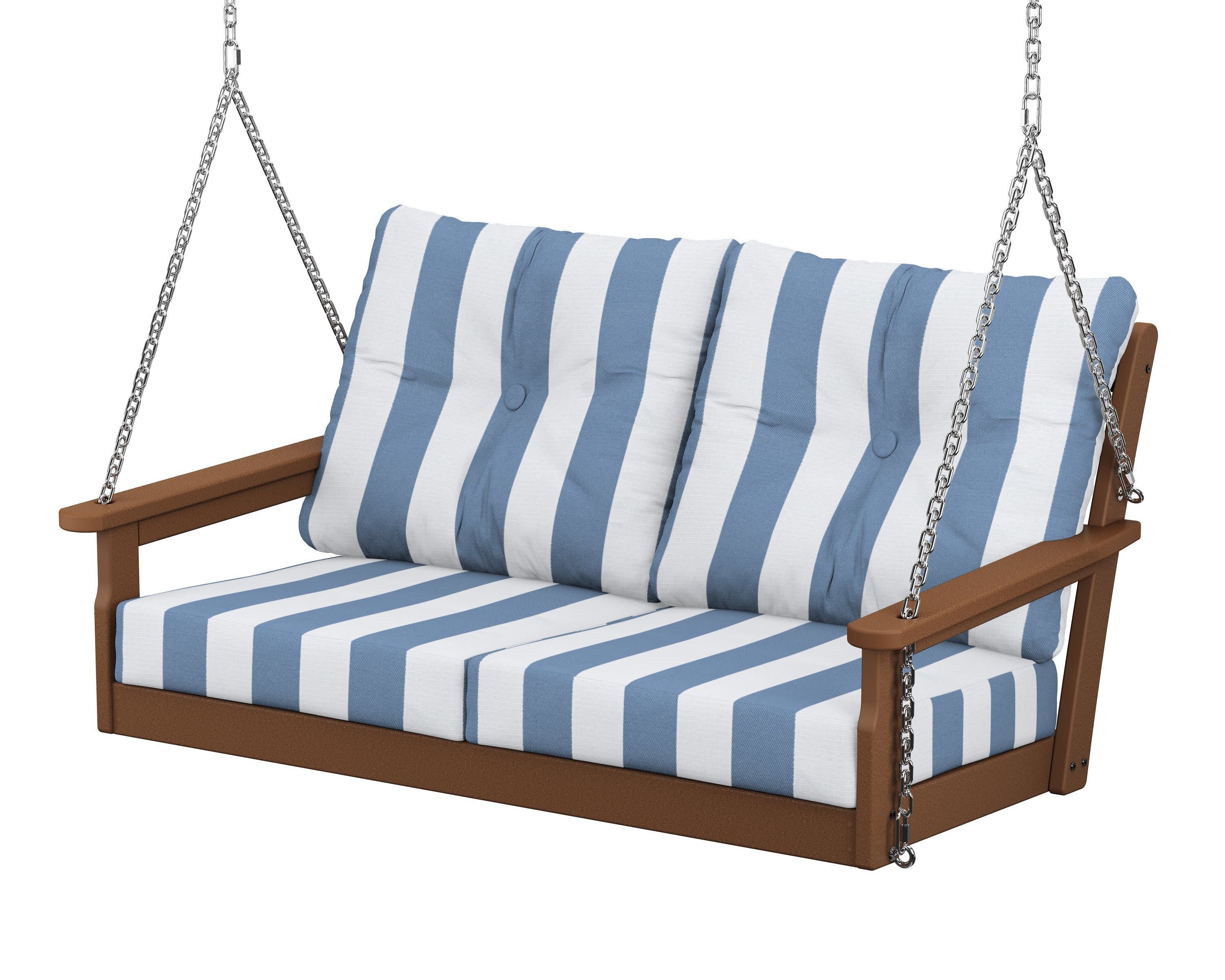Vineyard Deep Seating Swing in Teak / Cabana Stripe Sky Blue