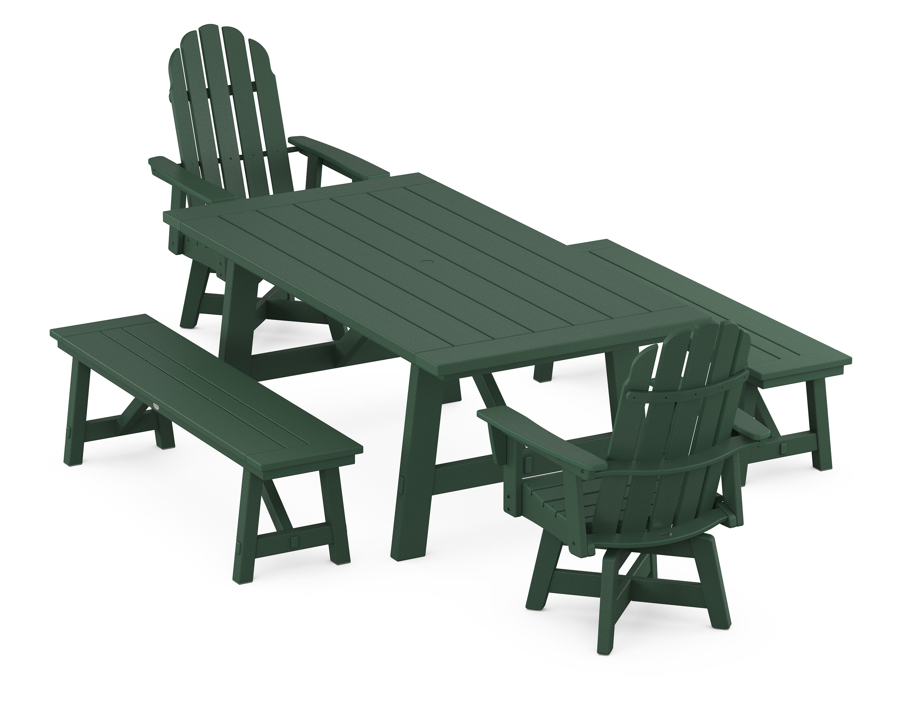 VineyardCurveback Adirondack Swivel Chair 5-Piece Rustic Farmhouse Dining Set With Benches in Green
