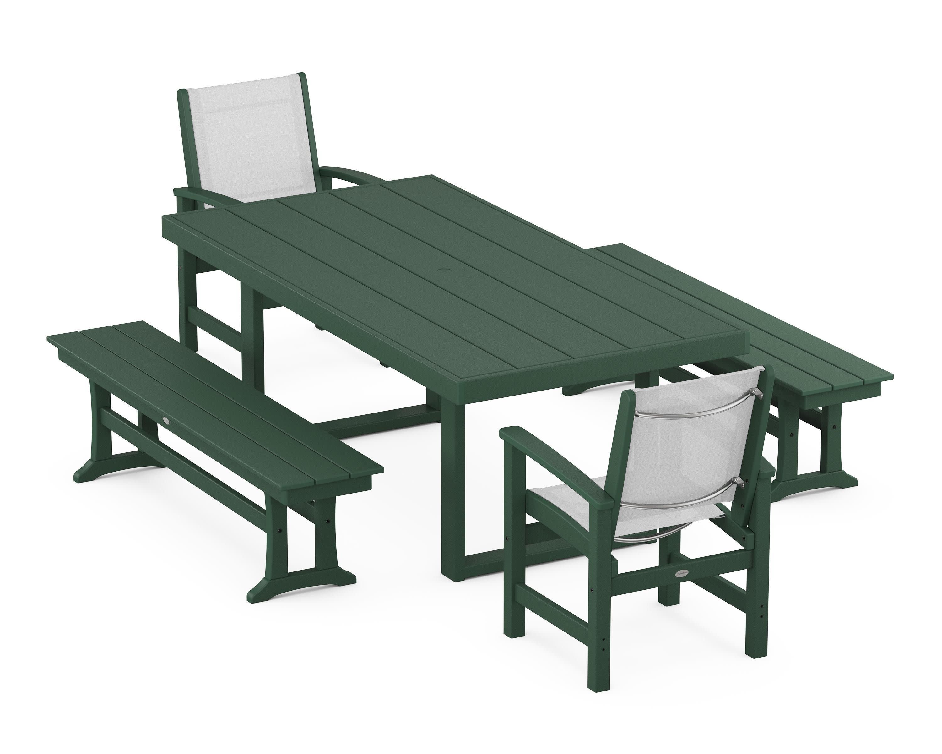 Coastal 5-Piece Dining Set with Trestle Legs in Green / White Sling