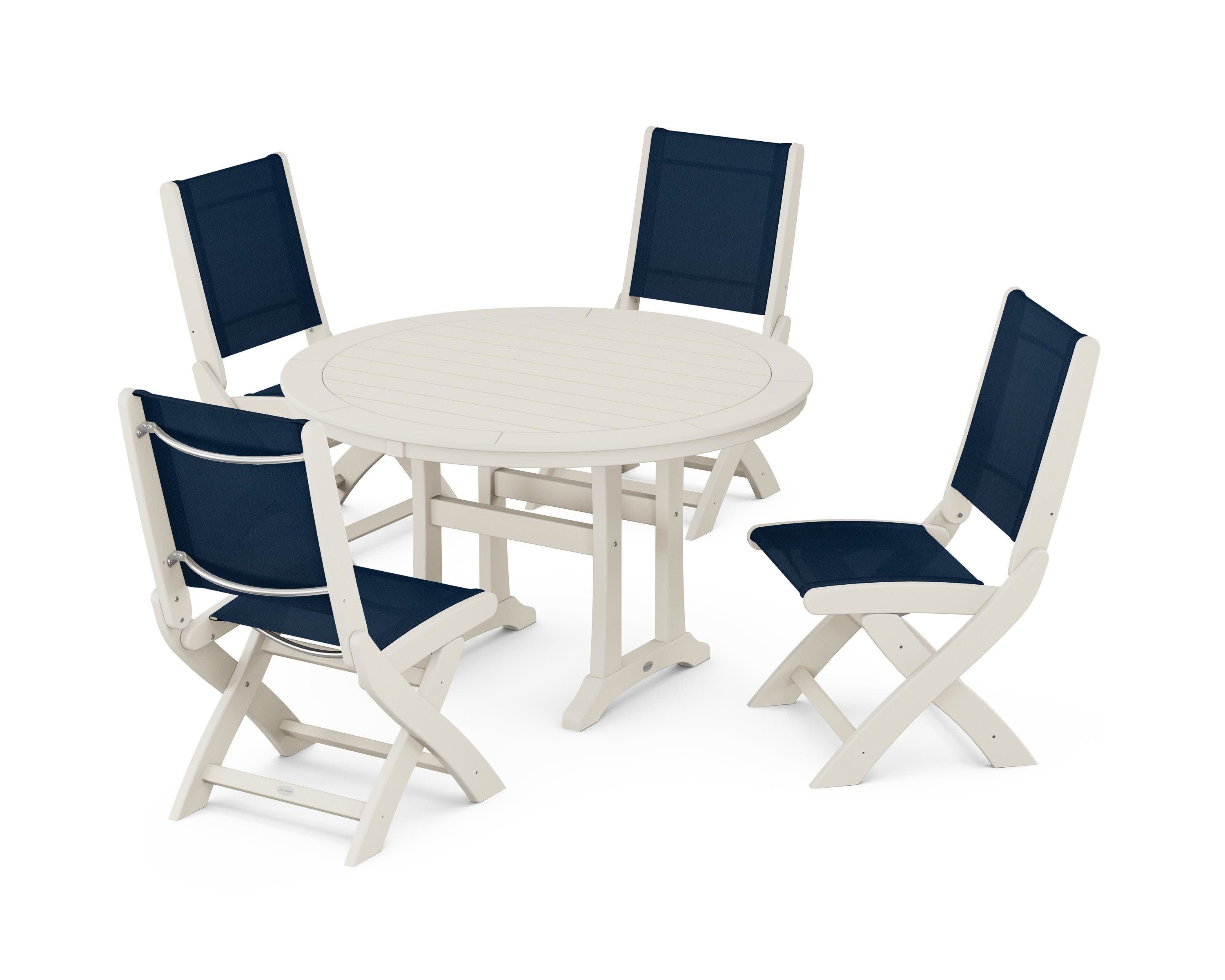 Coastal Folding Side Chair 5-Piece Round Dining Set With Trestle Legs in Sand / Navy Blue Sling