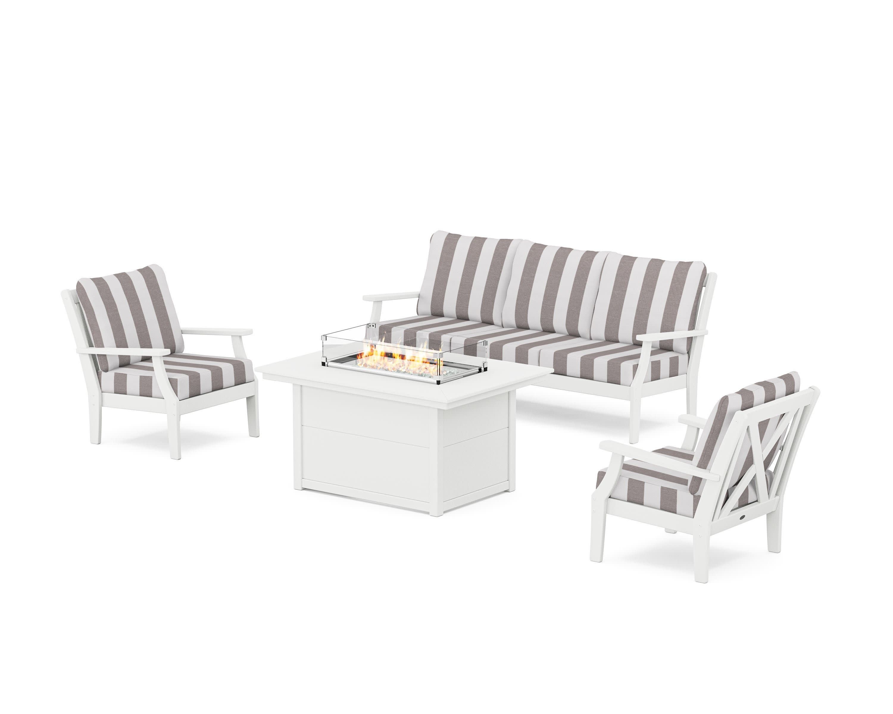 Braxton Deep Seating Fire Pit Table Set in White / Cabana Stripe Grey Mist