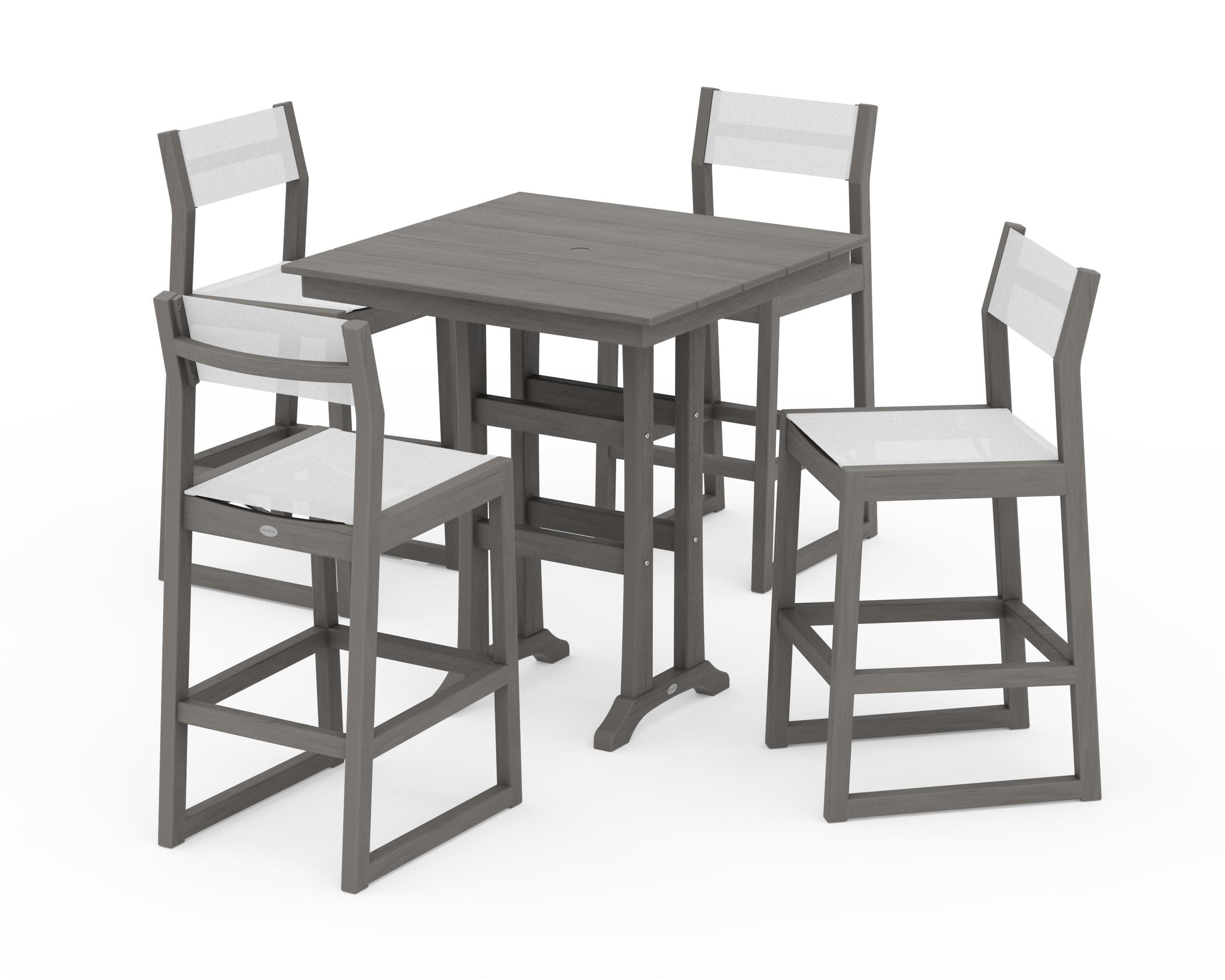 EDGE Sling Arm Chair 5-Piece Farmhouse Bar Set with Trestle Legs in Driftwood / White Sling