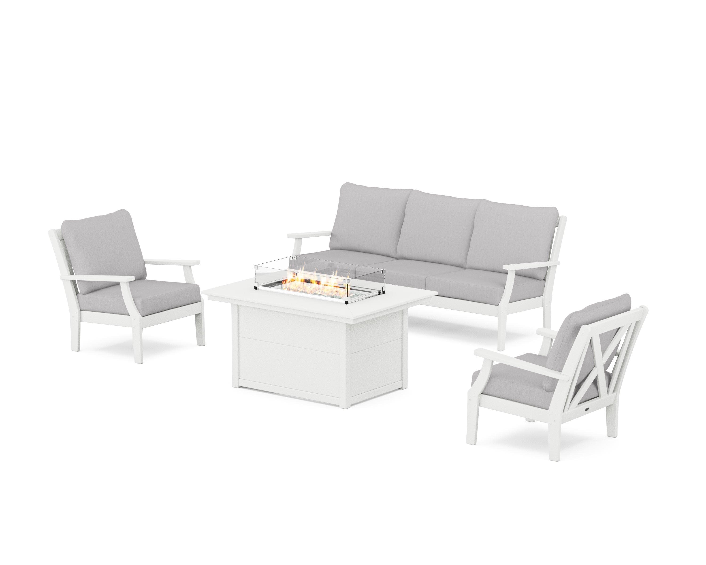 Braxton Deep Seating Fire Pit Table Set in Vintage White / Granite