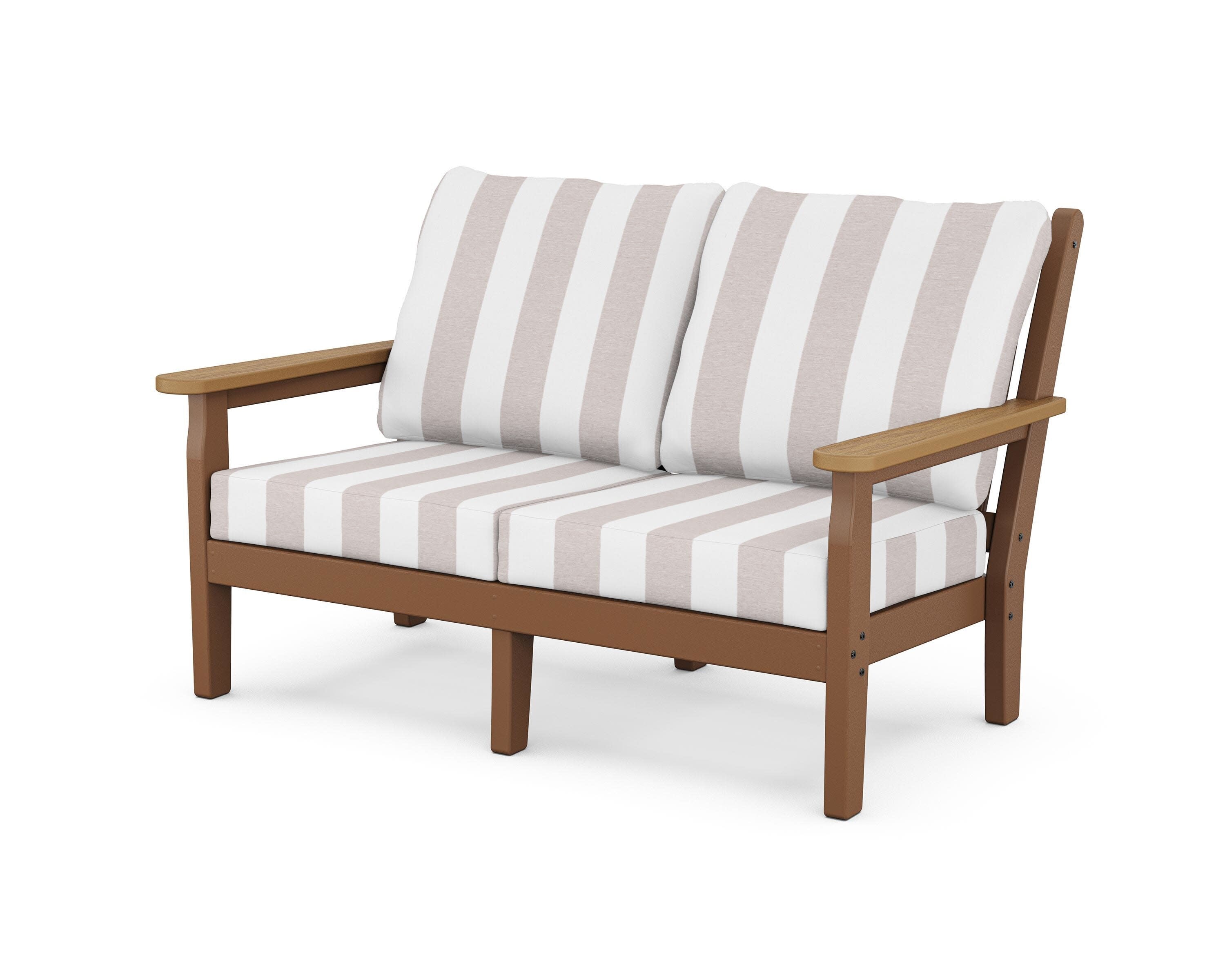 Chippendale Deep Seating Loveseat in Teak / Natural / Cabana Stripe Dune Burlap