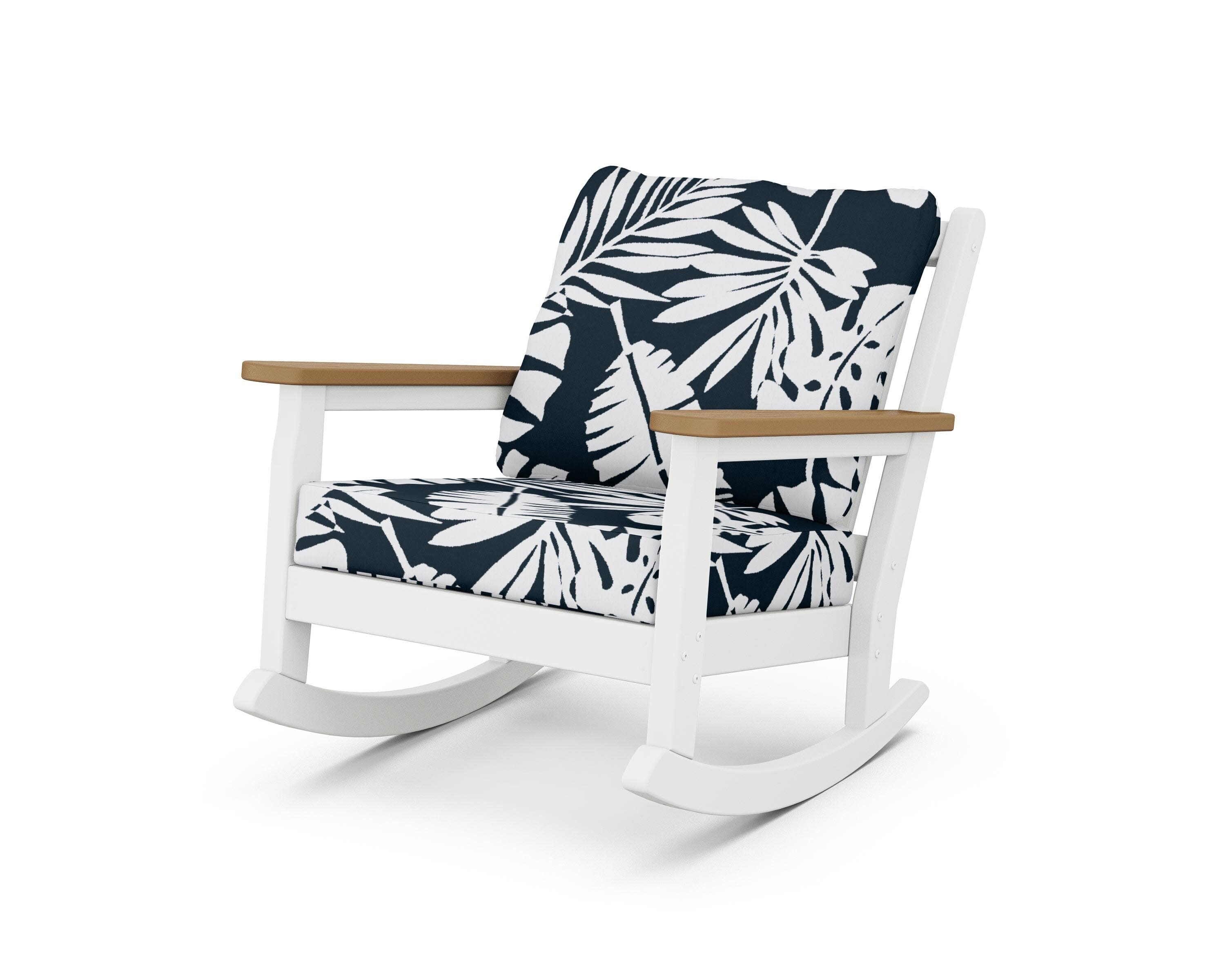 Chippendale Deep Seating Rocking Chair in White / Natural / Leaf Marine Indigo
