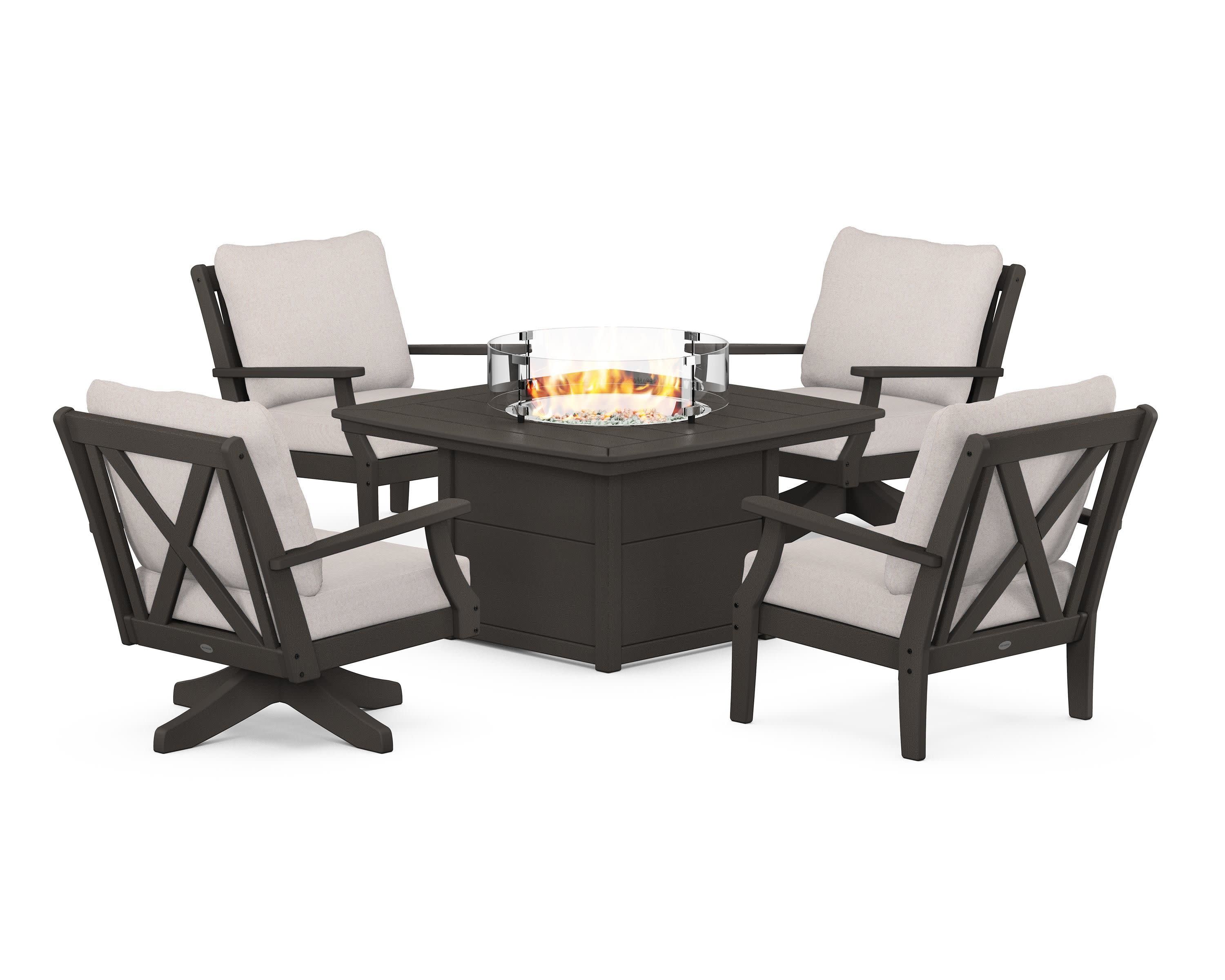 Braxton 5-Piece Deep Seating Set with Fire Table in Vintage Coffee / Dune Burlap