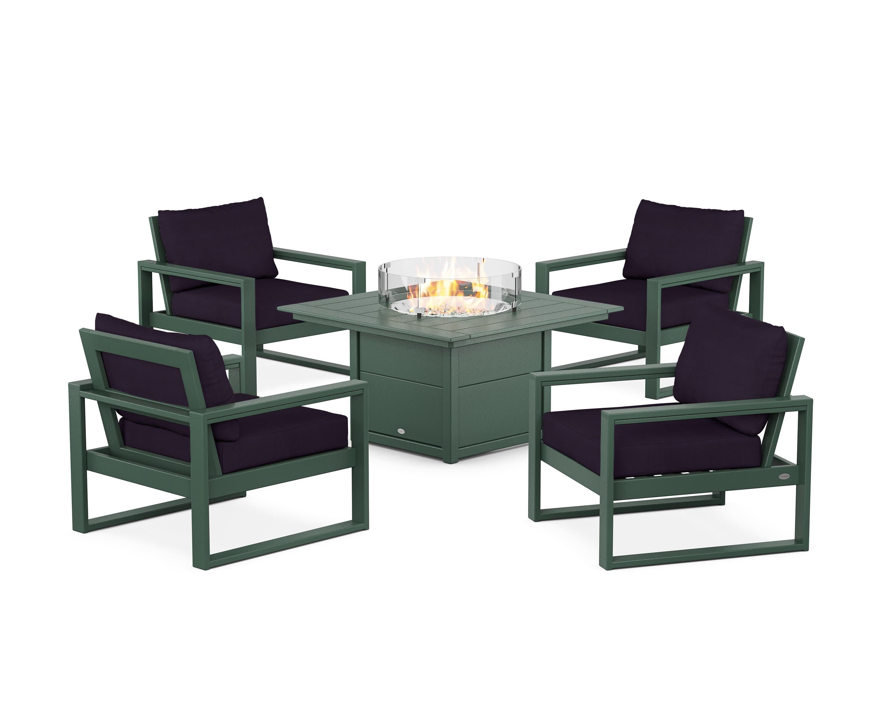 EDGE Sectional 5-Piece Deep Seating Set with Fire Pit Table in Green / Navy Linen