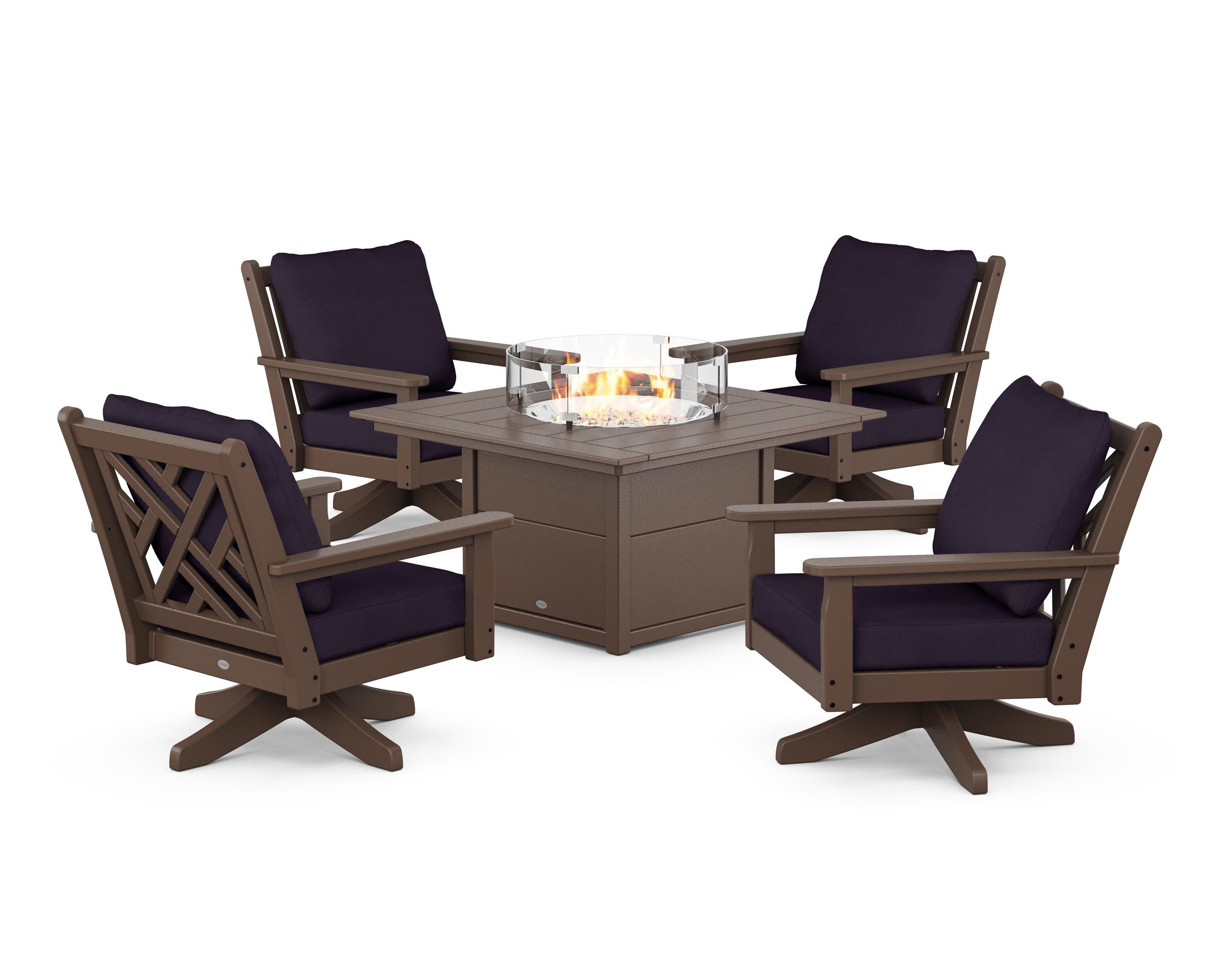Chippendale 5-Piece Deep Seating Swivel Conversation Set with Fire Pit Table in Mahogany / Navy Linen