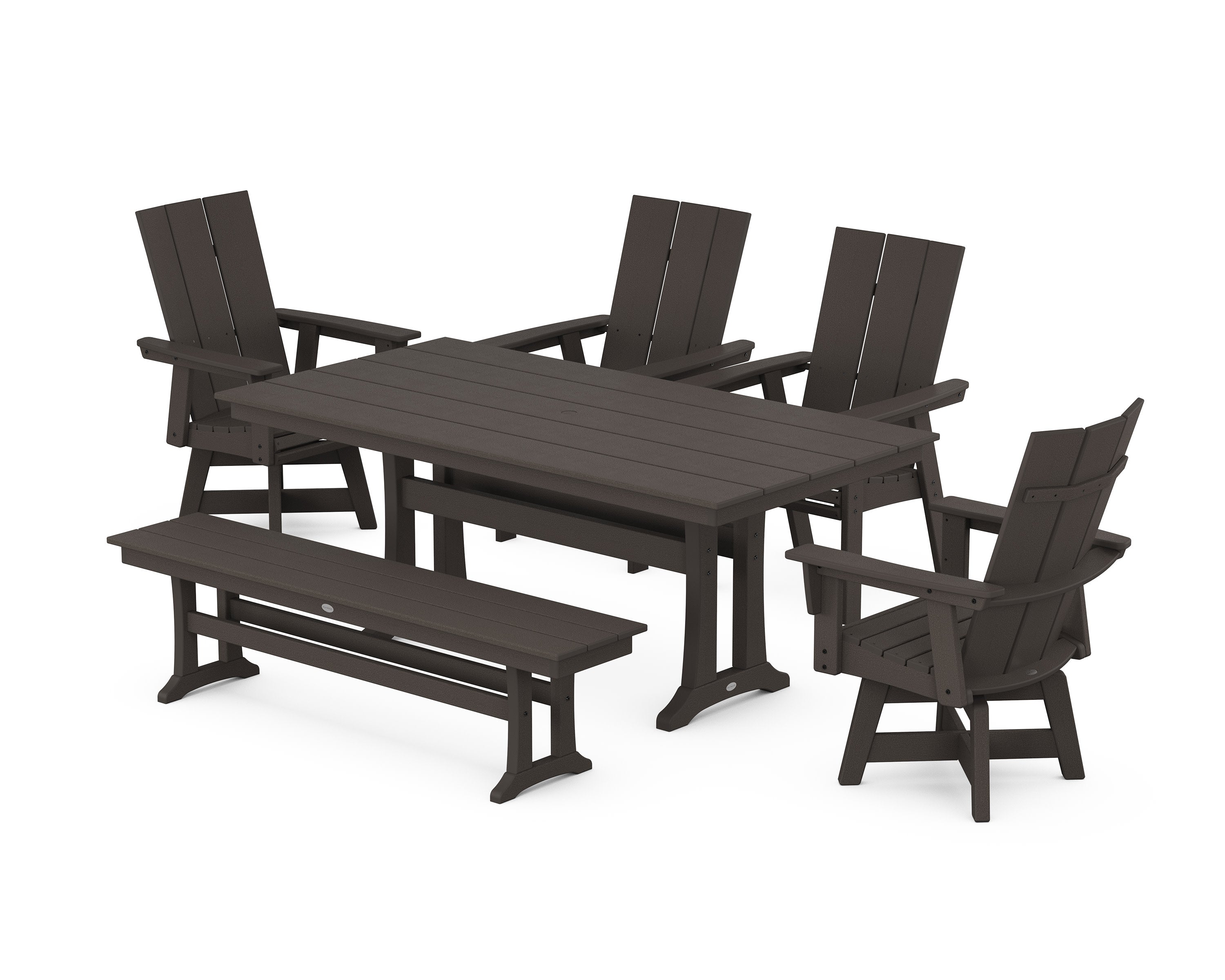 Modern Curveback Adirondack Swivel Chair 6-Piece Farmhouse Dining Set With Trestle Legs and Bench in Vintage Coffee