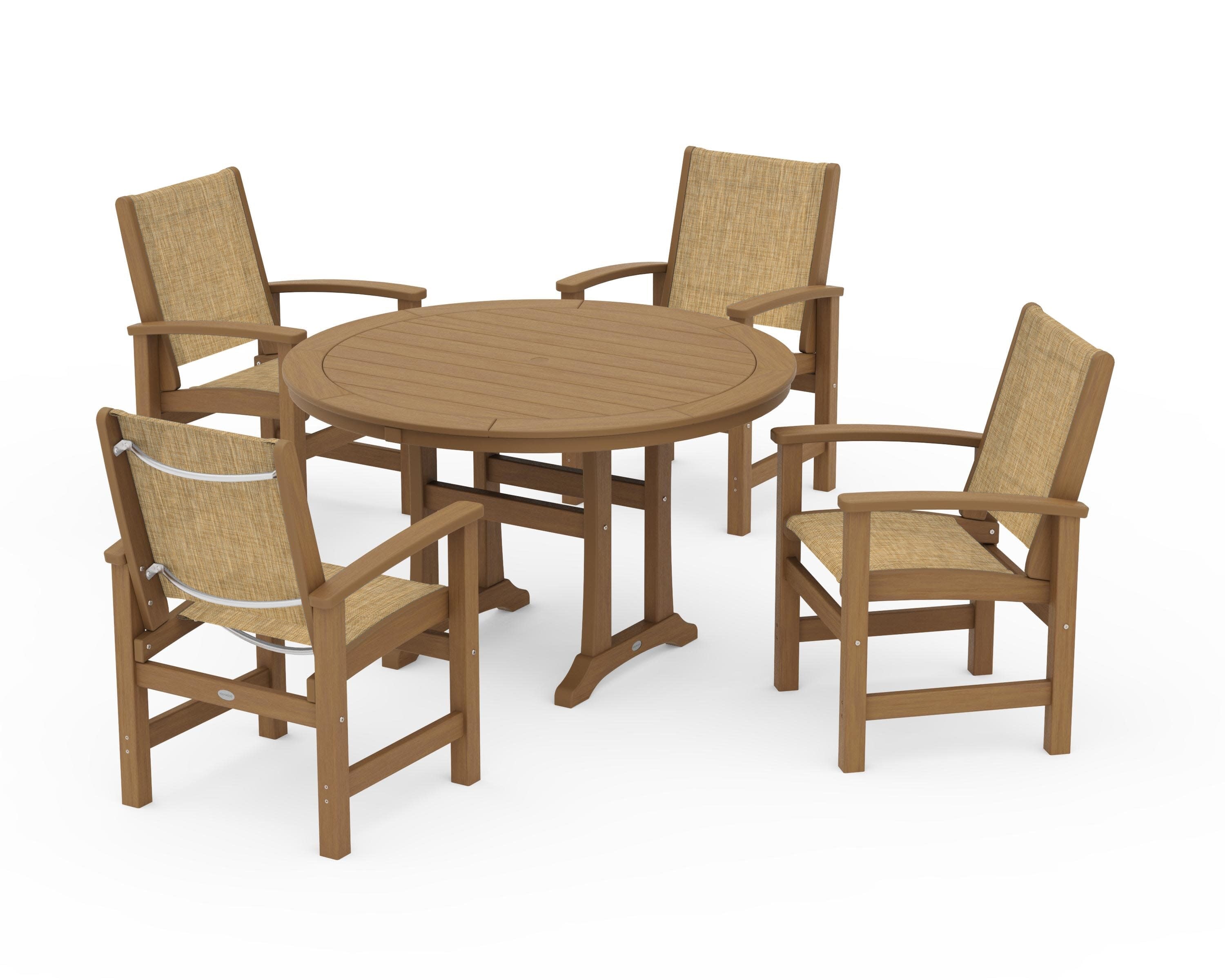 Coastal 5-Piece Round Dining Set with Trestle Legs in Natural / Burlap Sling