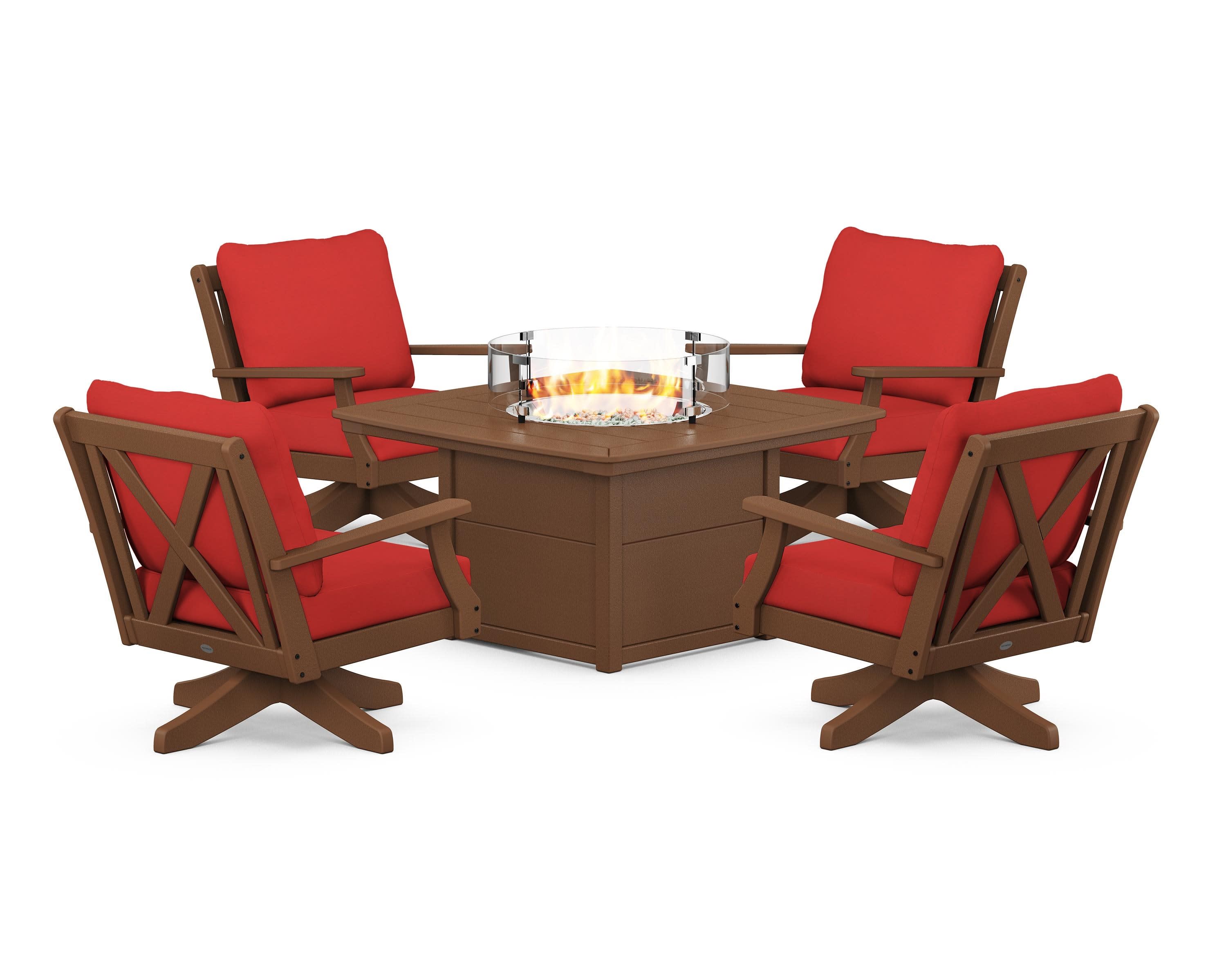 Braxton 5-Piece Deep Seating Swivel Conversation Set with Fire Pit Table in Teak / Crimson Linen