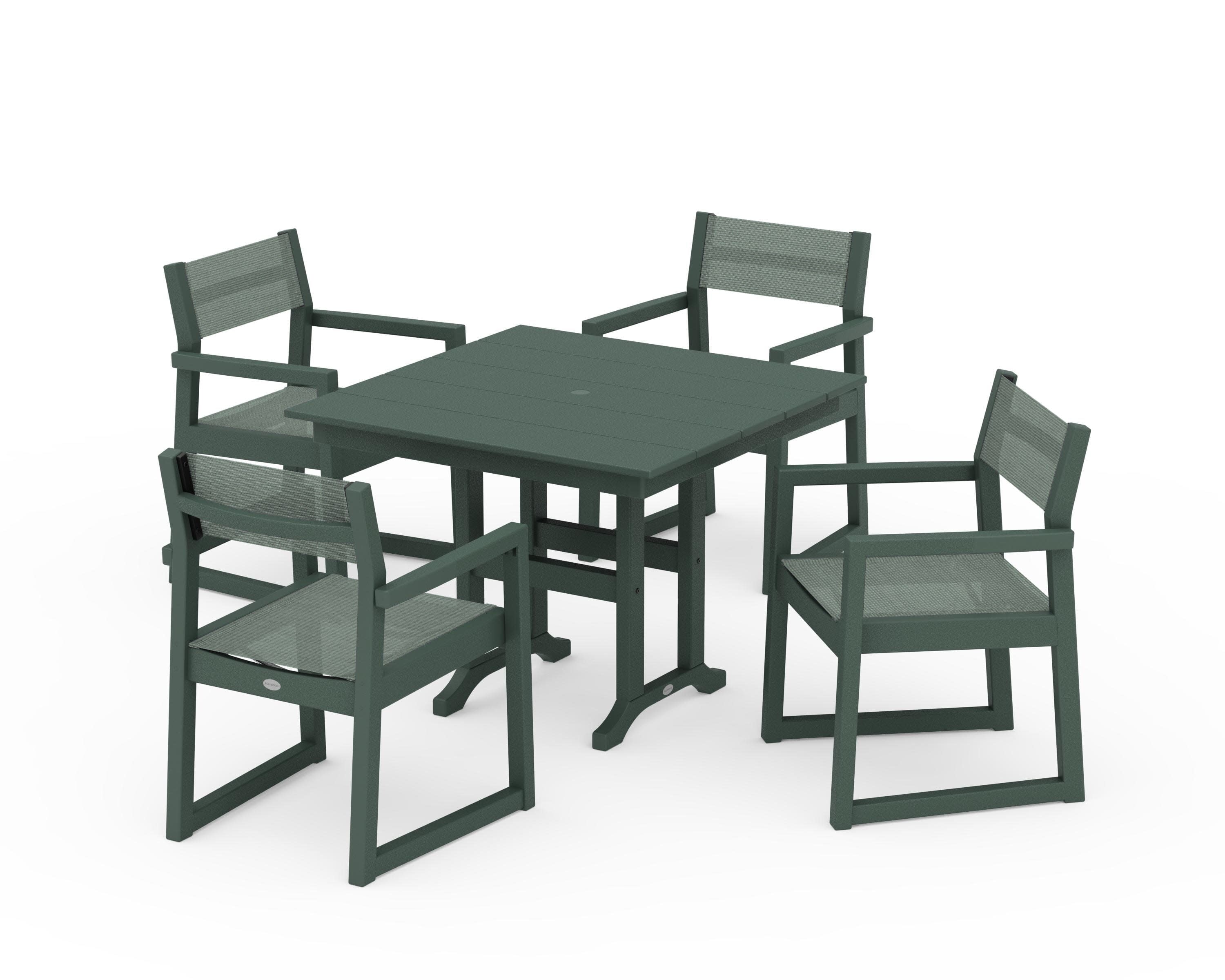 EDGE Sling Arm Chair 5-Piece Farmhouse Dining Set in Green / Dupioni Sea Mist Sling