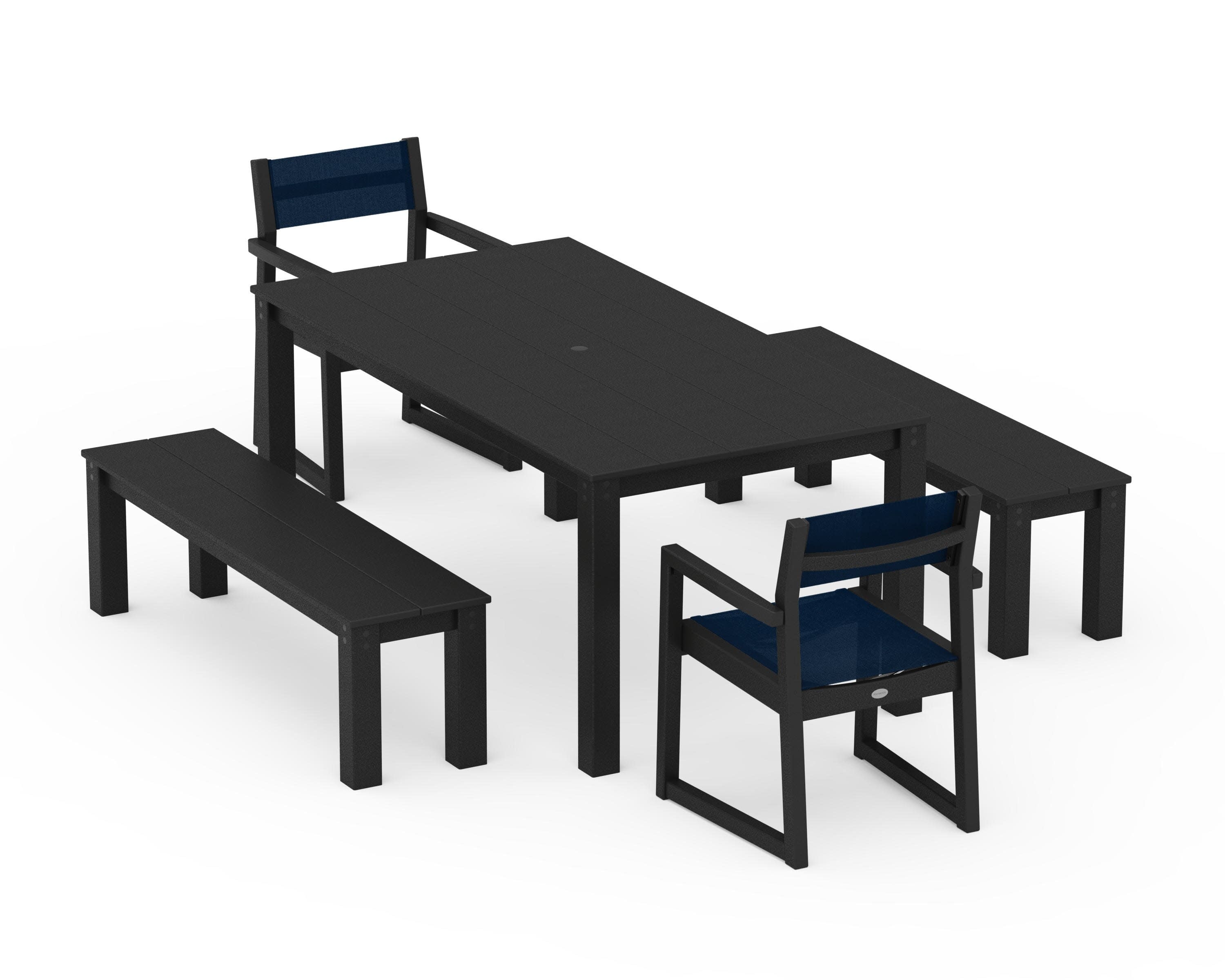 EDGE Sling Arm Chair 5-Piece Parsons Dining Set with Benches in Black / Navy Blue Sling
