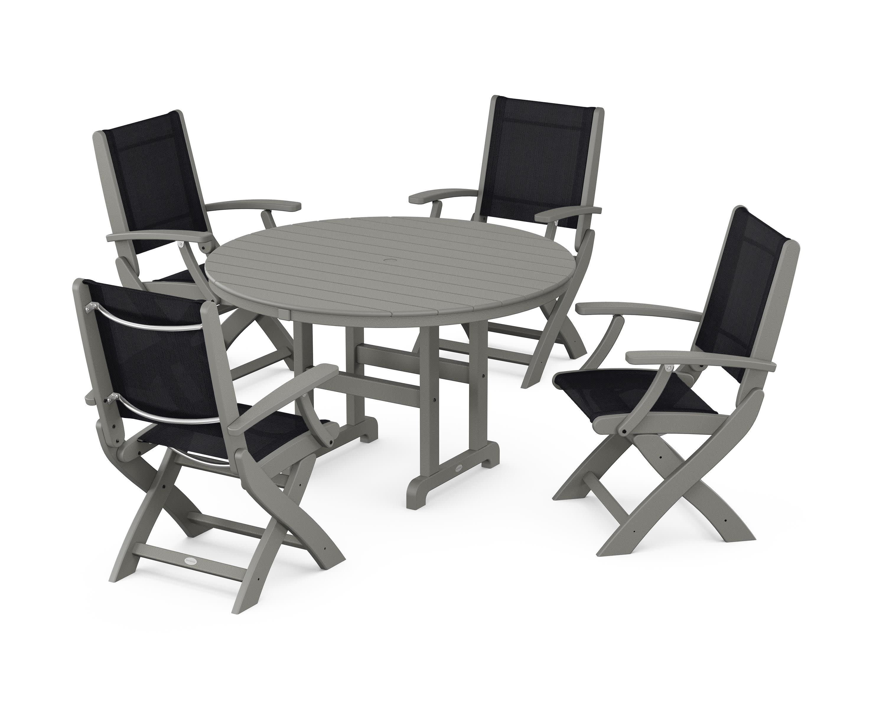 Coastal Folding Chair 5-Piece Round Dining Set in Slate Grey / Black Sling
