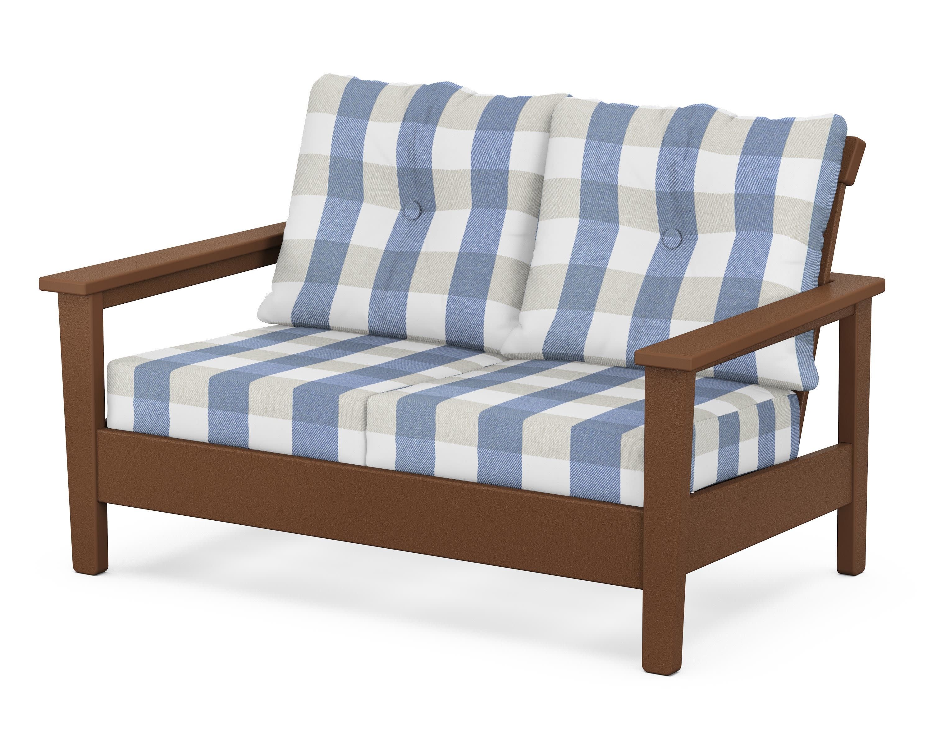 Prescott Deep Seating Loveseat in Teak / Buffalo Plaid Sky Blue