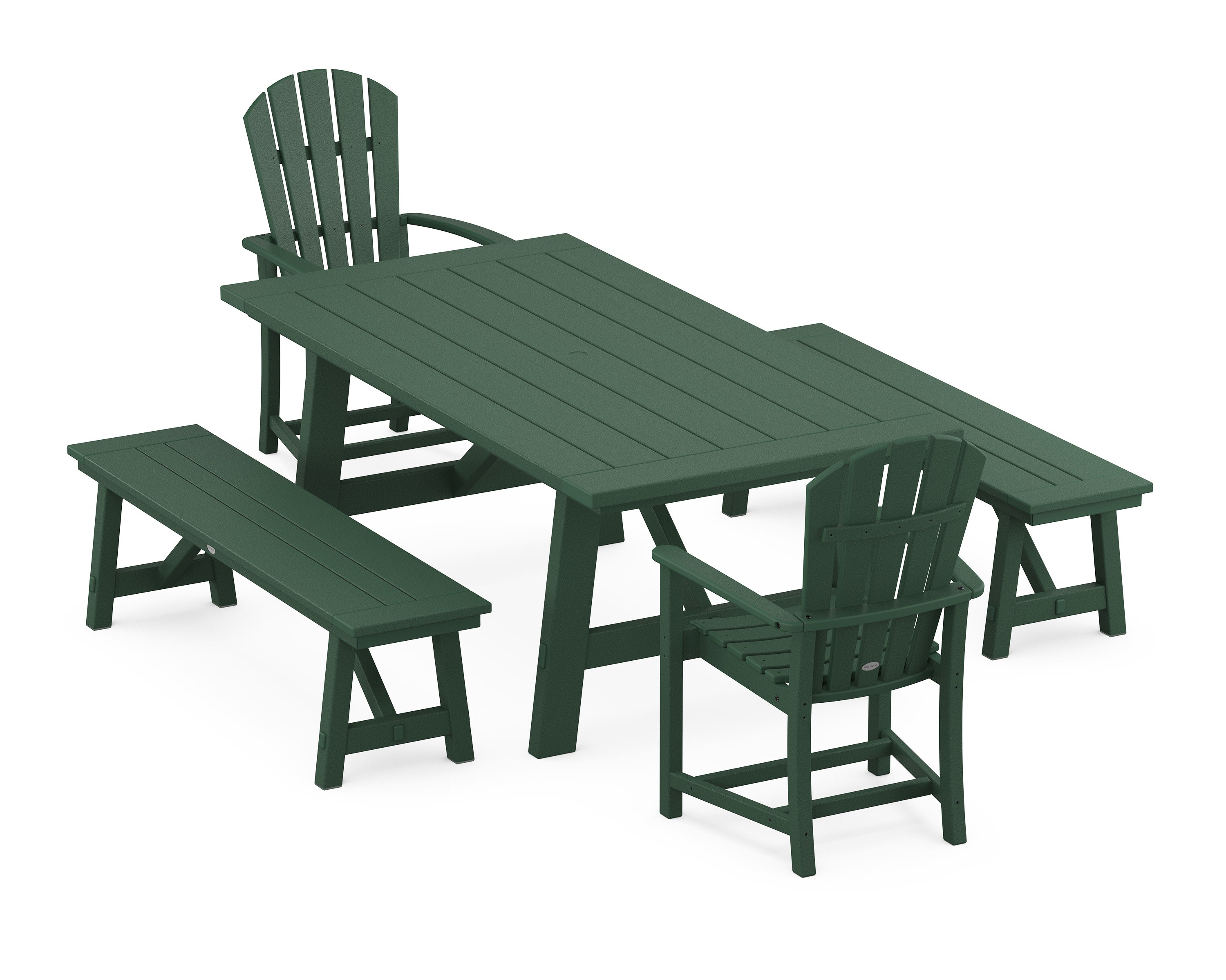 Palm Coast 5-Piece Rustic Farmhouse Dining Set With Benches in Green