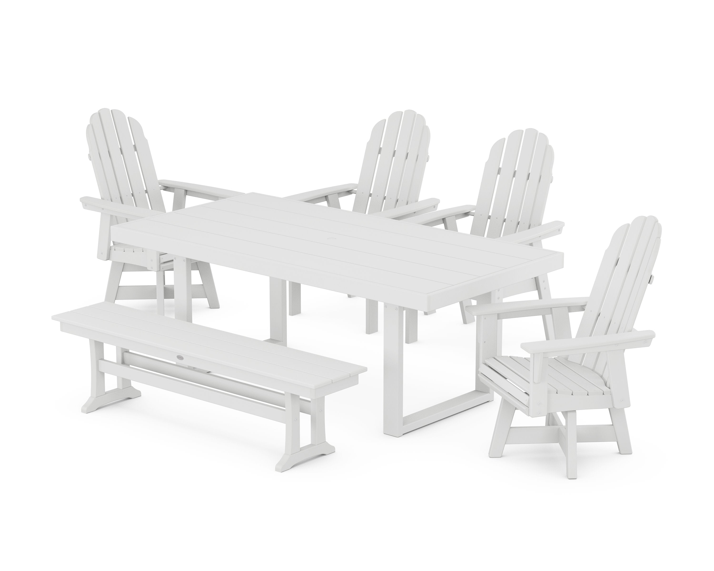 Vineyard Curveback Adirondack Swivel Chair 6-Piece Dining Set with Bench in White