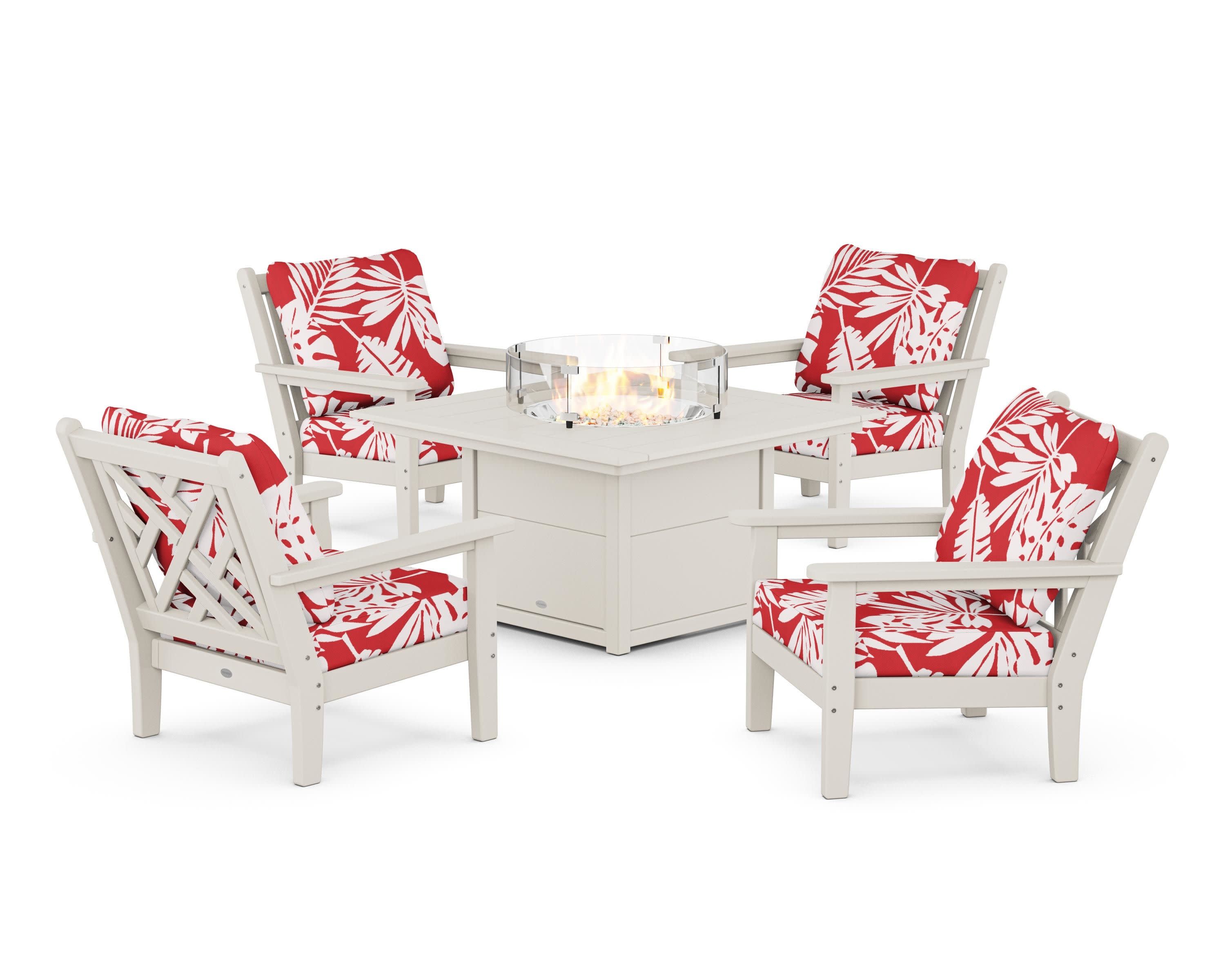 Chippendale 5-Piece Deep Seating Set with Fire Pit Table in Sand / Leaf Crimson