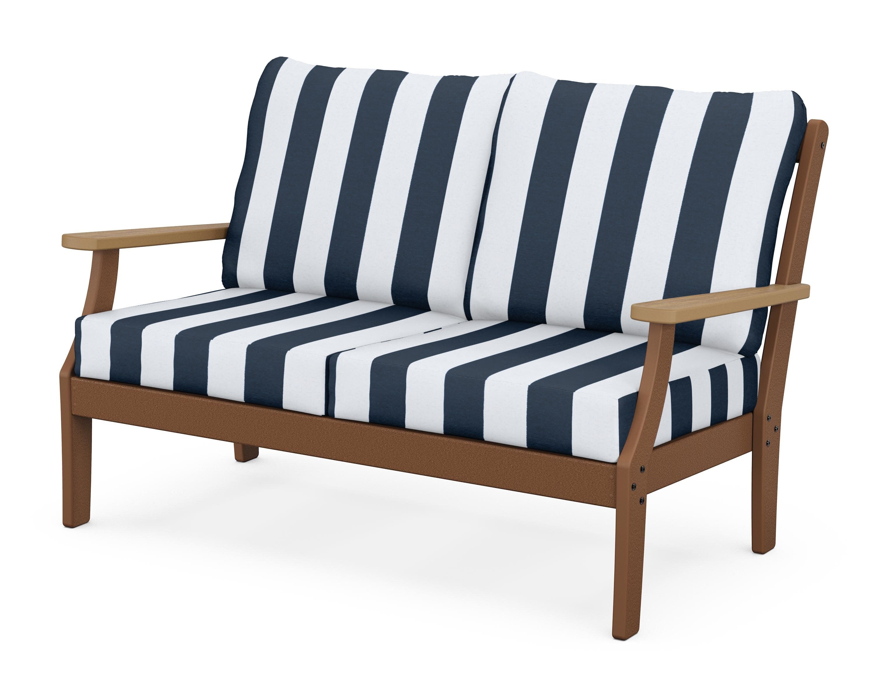 Braxton Deep Seating Loveseat in Teak / Natural / Cabana Stripe Marine Indigo