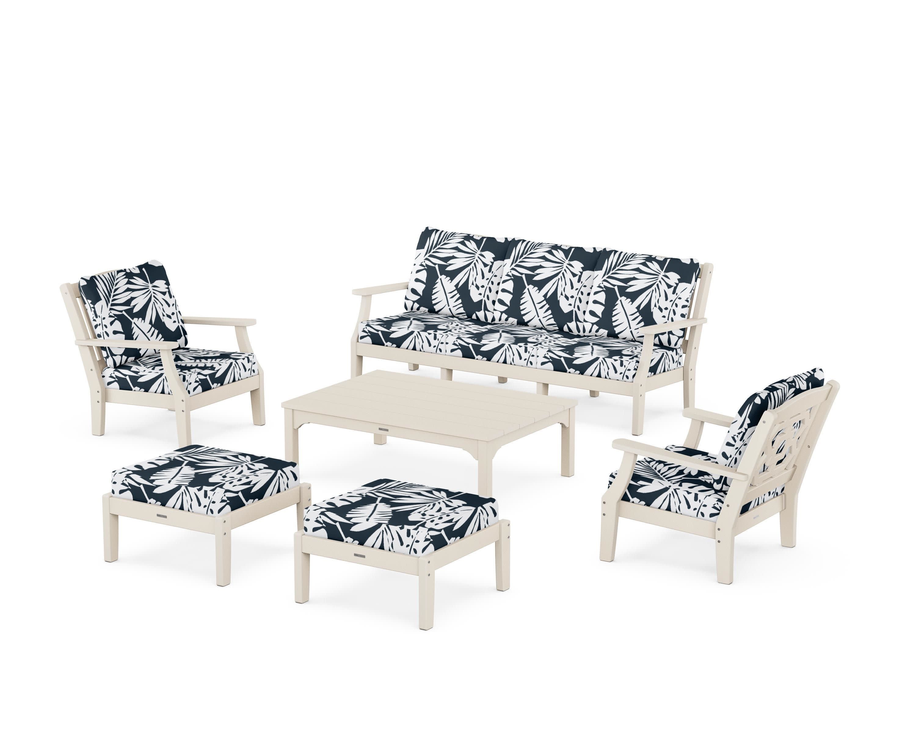 Chinoiserie 6-Piece Lounge Sofa Set in Sand / Leaf Marine Indigo