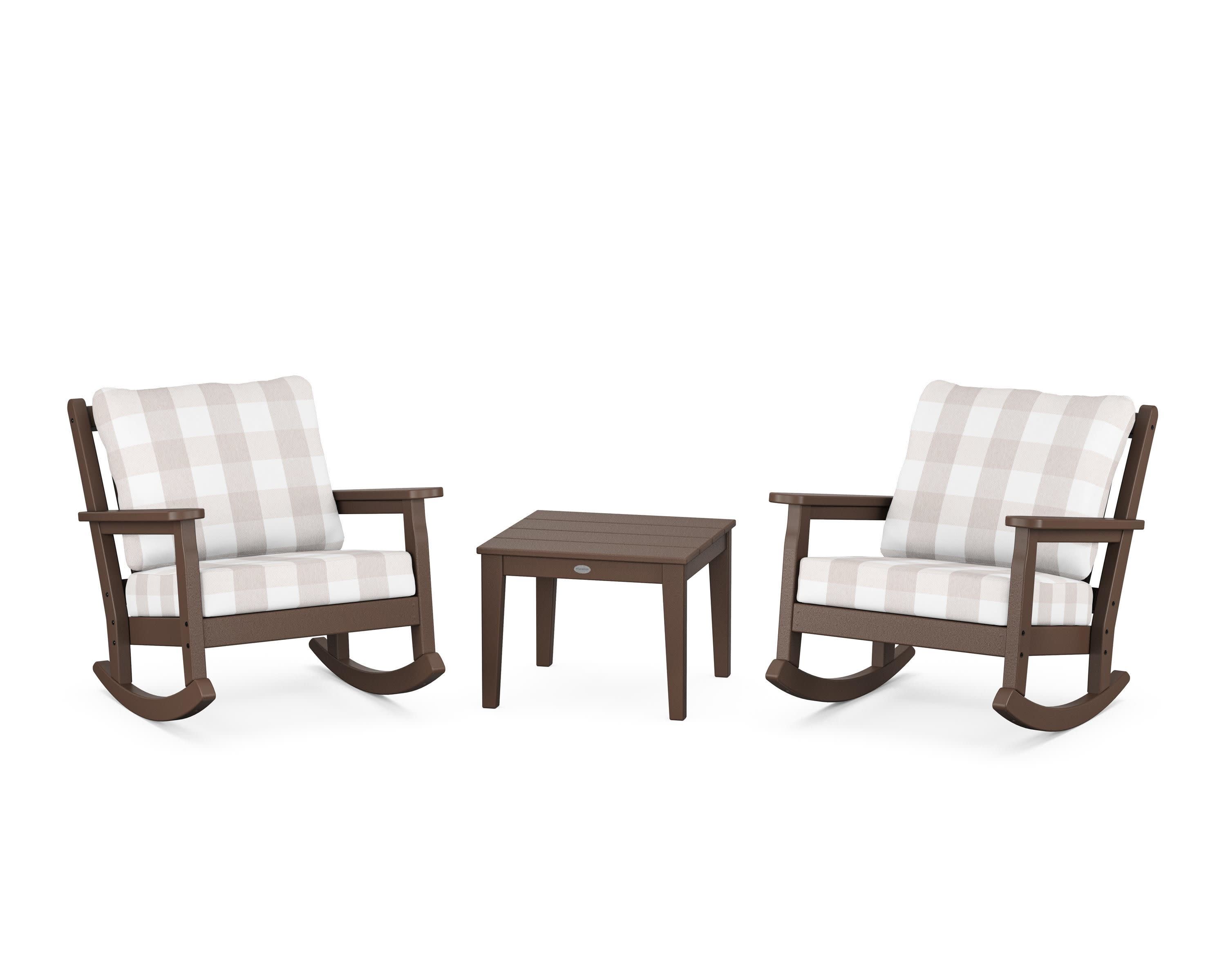 Chippendale 3-Piece Deep Seating Rocker Set in Mahogany / Buffalo Plaid Dune Burlap