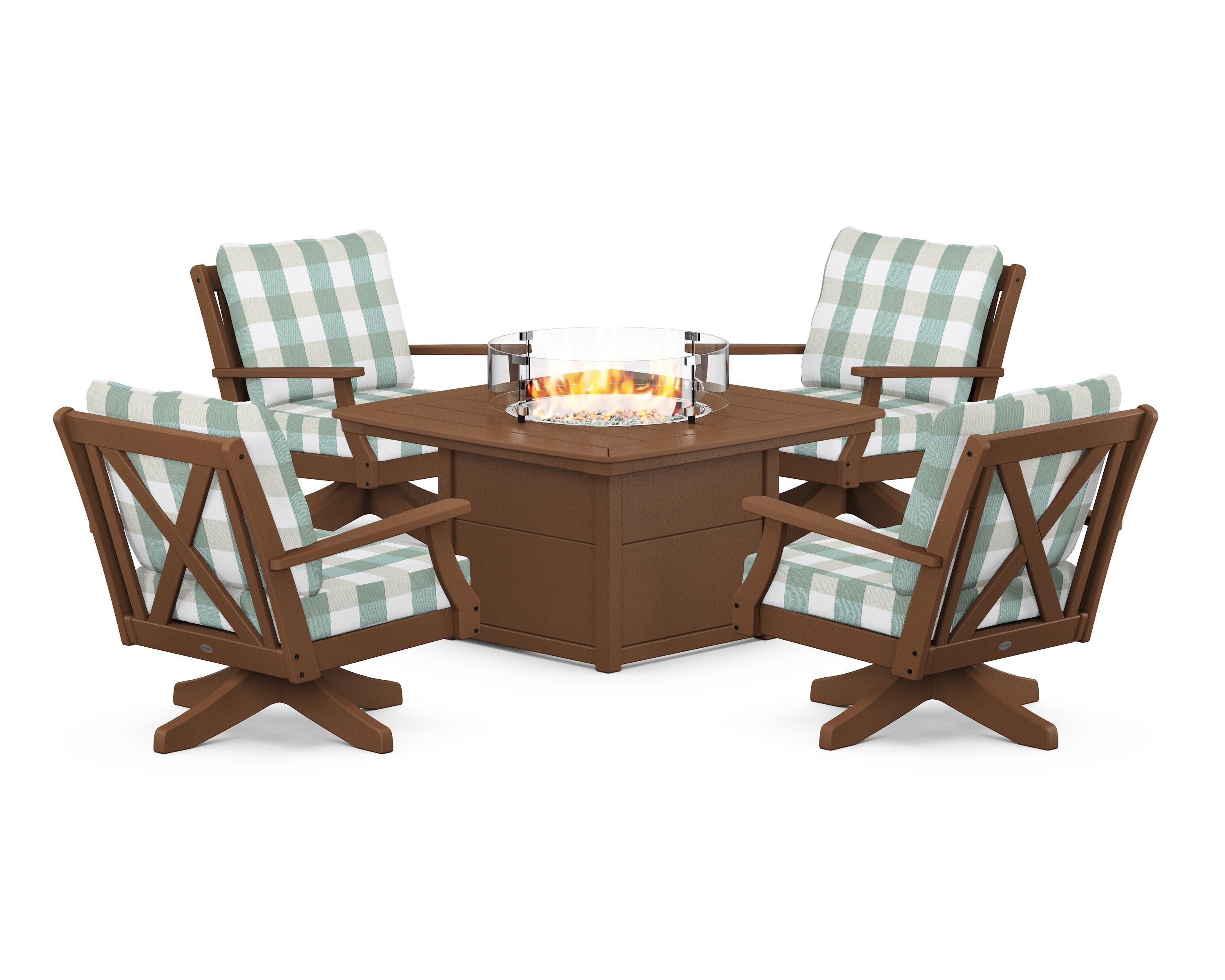 Braxton 5-Piece Deep Seating Swivel Conversation Set with Fire Pit Table in Teak / Buffalo Plaid Glacier Spa