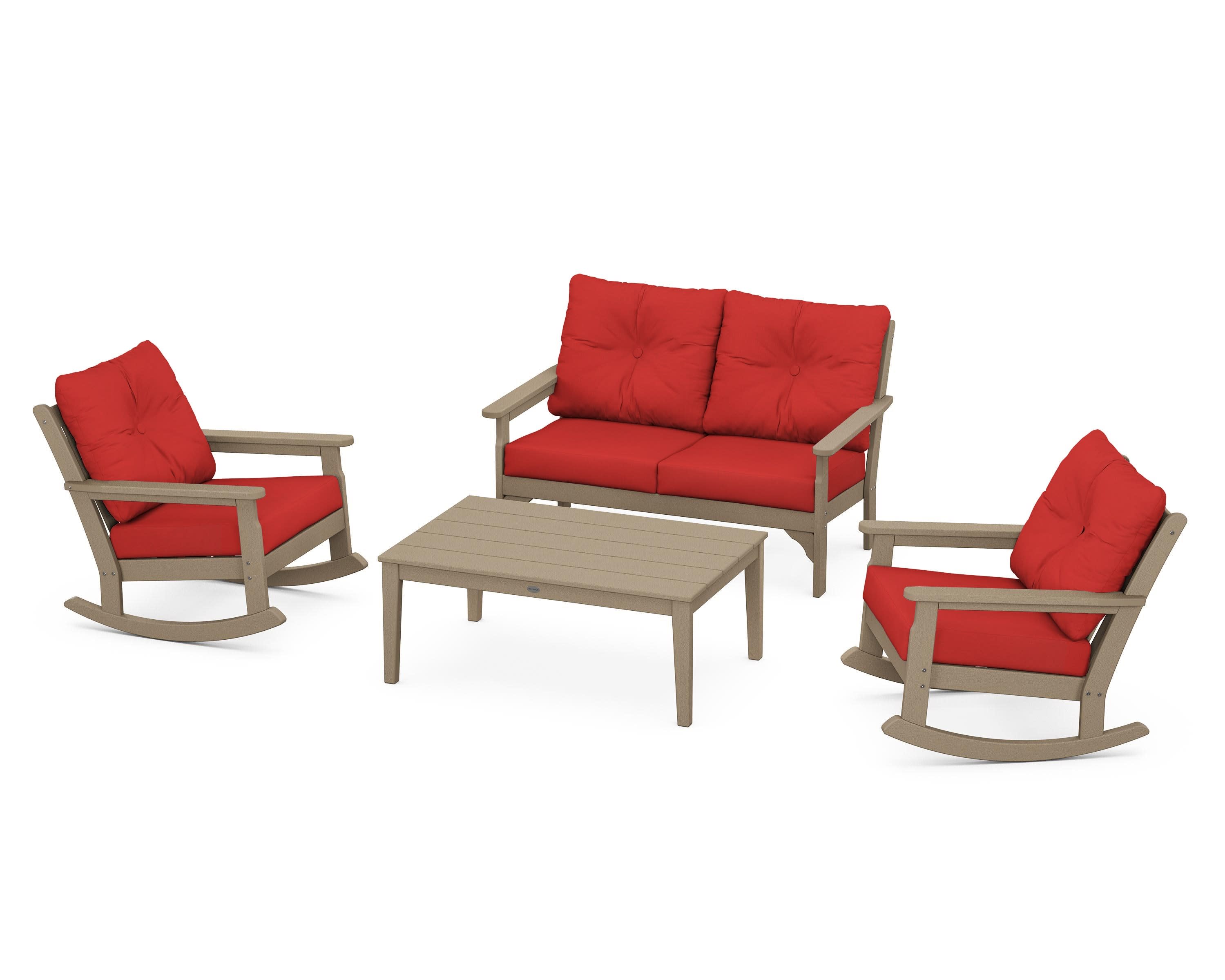 Vineyard 4-Piece Deep Seating Rocking Chair Set in Vintage Sahara / Crimson Linen