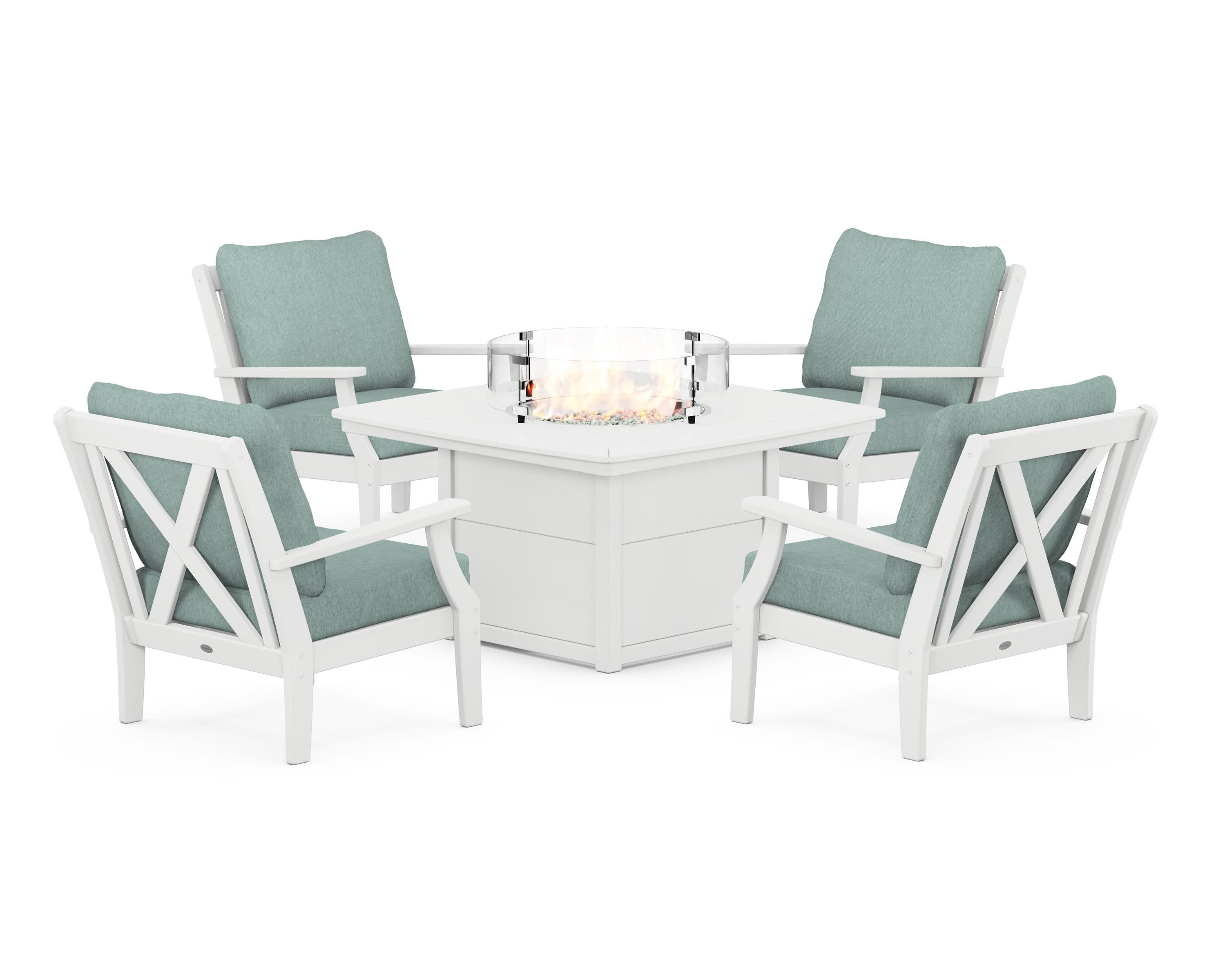 Braxton 5-Piece Deep Seating Conversation Set with Fire Pit Table in White / Glacier Spa