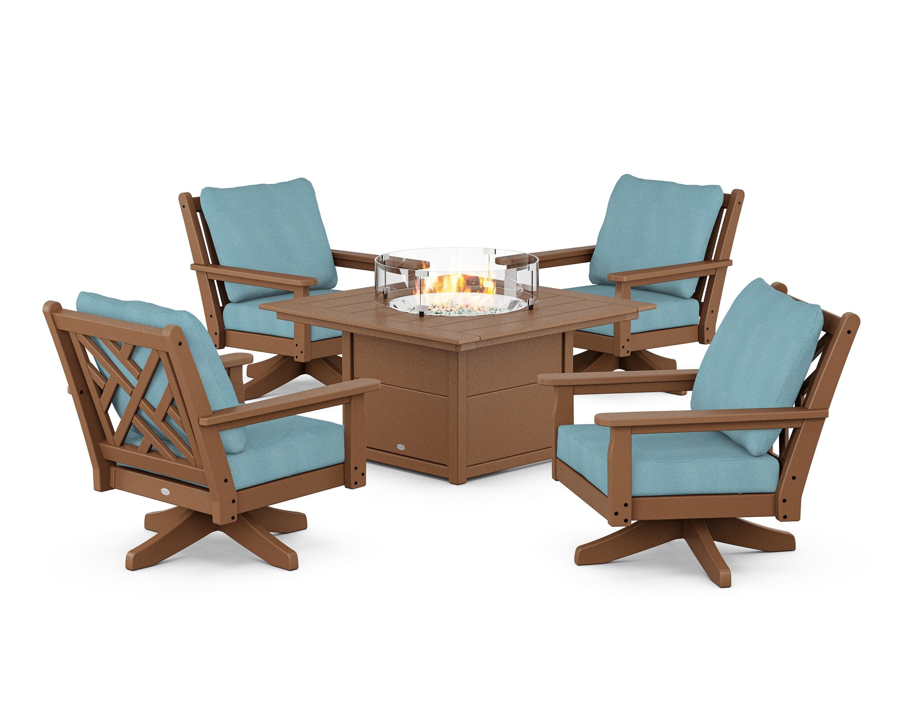 Chippendale 5-Piece Deep Seating Swivel Conversation Set with Fire Pit Table in Teak / Lattice Sky Blue