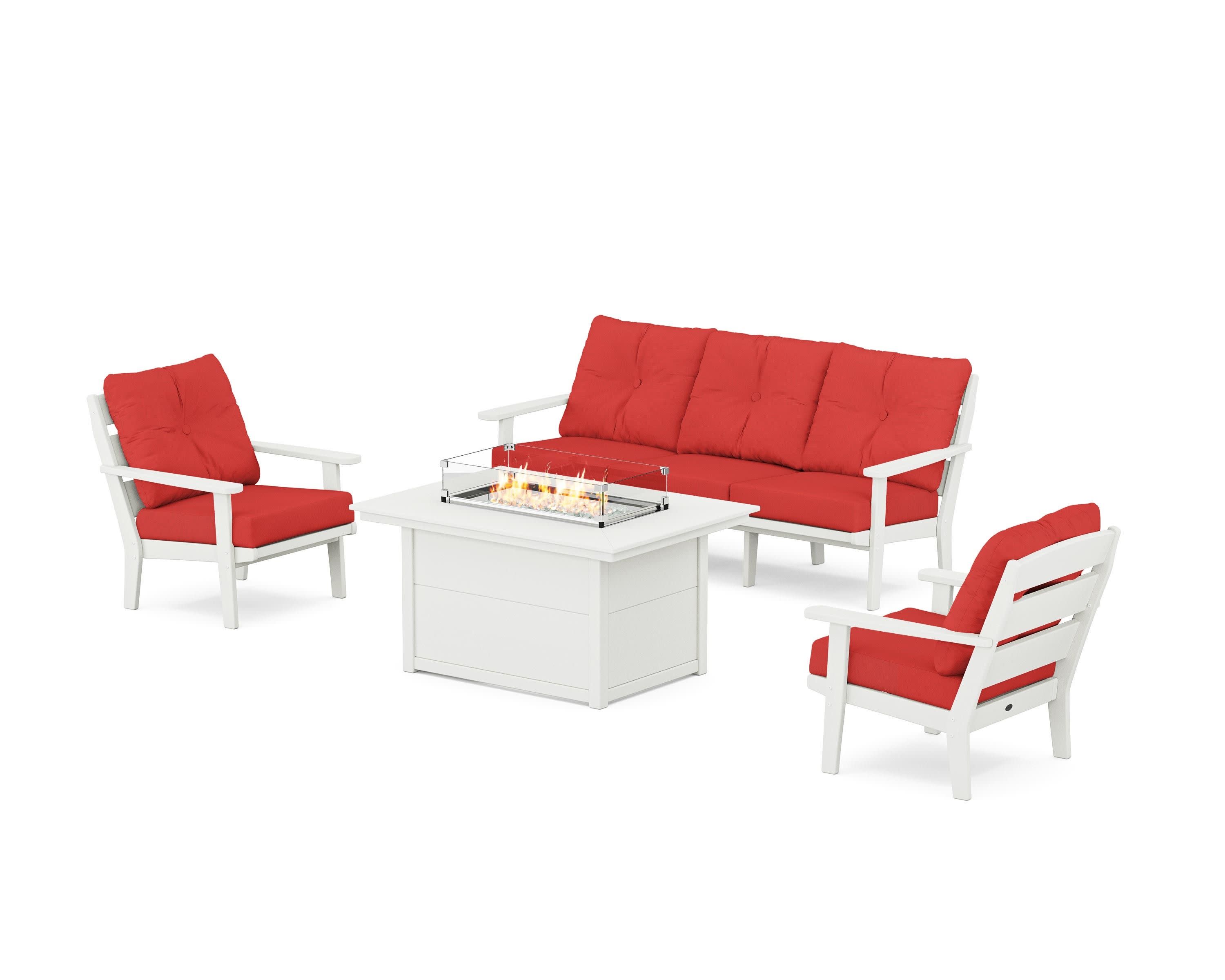 Lakeside Deep Seating Fire Pit Table Set in Vintage White / Crimson Linen