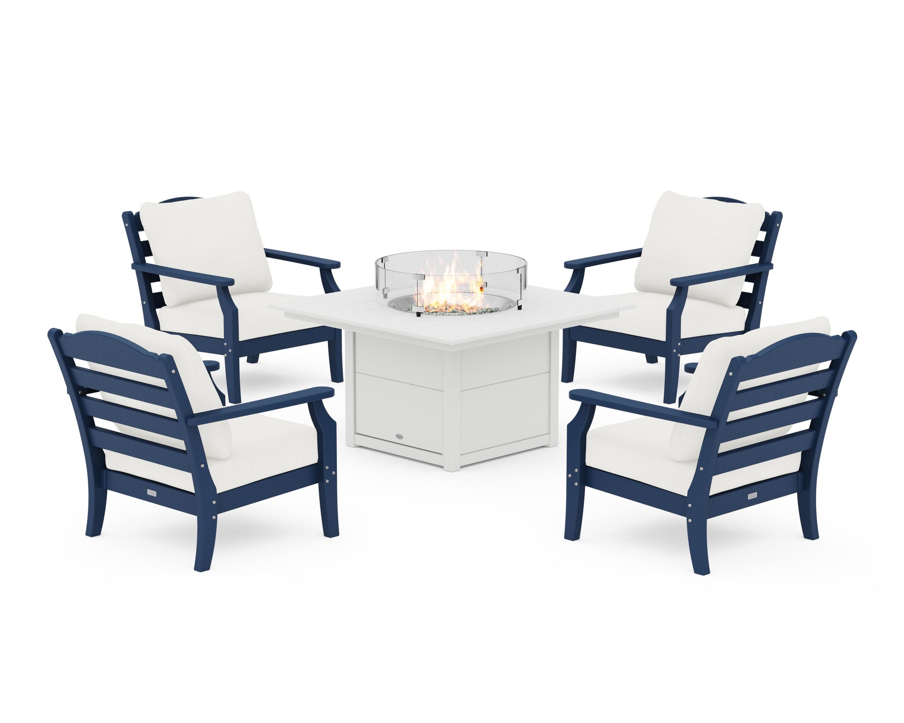 Savannah 5-Piece Deep Seating Set with Fire Pit Table in Navy / Natural Linen