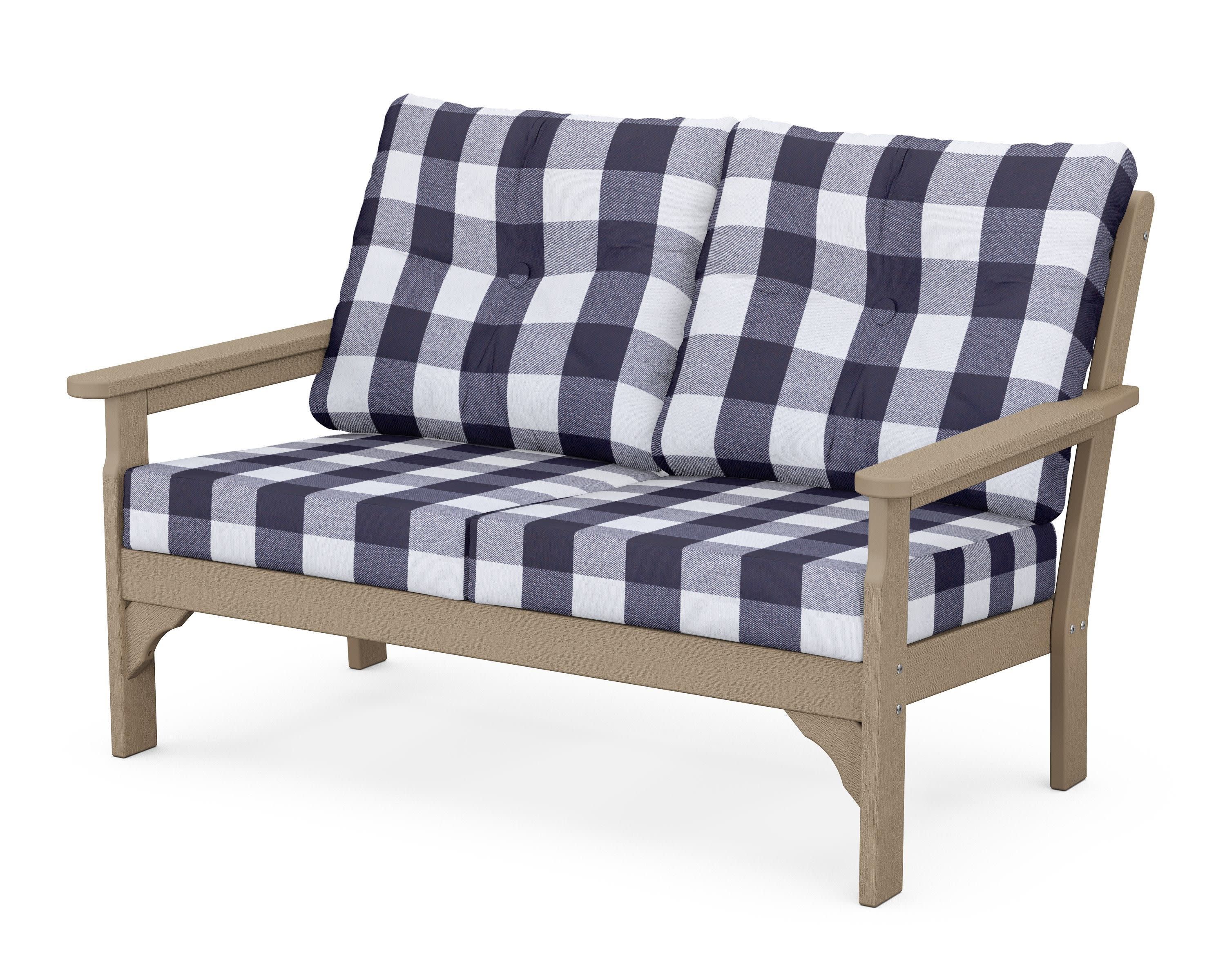 Vineyard Deep Seating Loveseat in Vintage Sahara / Buffalo Plaid Navy
