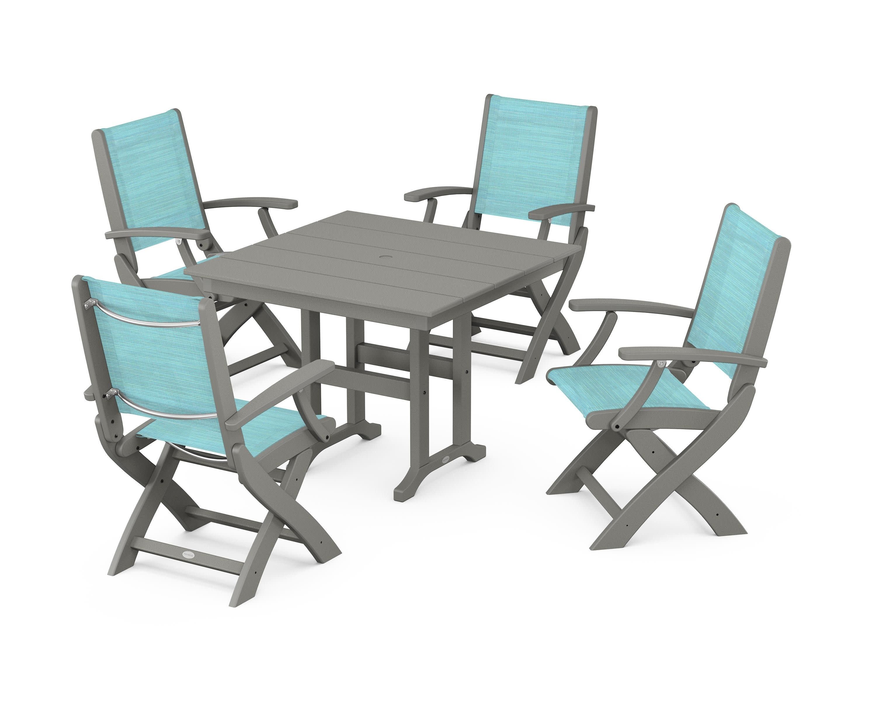Coastal Folding Chair 5-Piece Farmhouse Dining Set in Slate Grey / Dupioni Aquamarine Sling