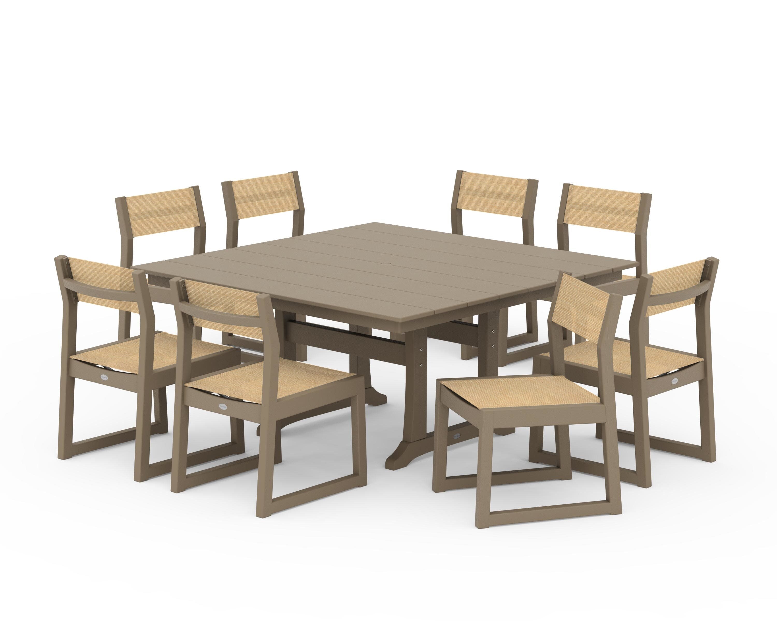EDGE Sling Side Chair 9-Piece Farmhouse Trestle Dining Set in Vintage Sahara / Dupioni Apricot Sling