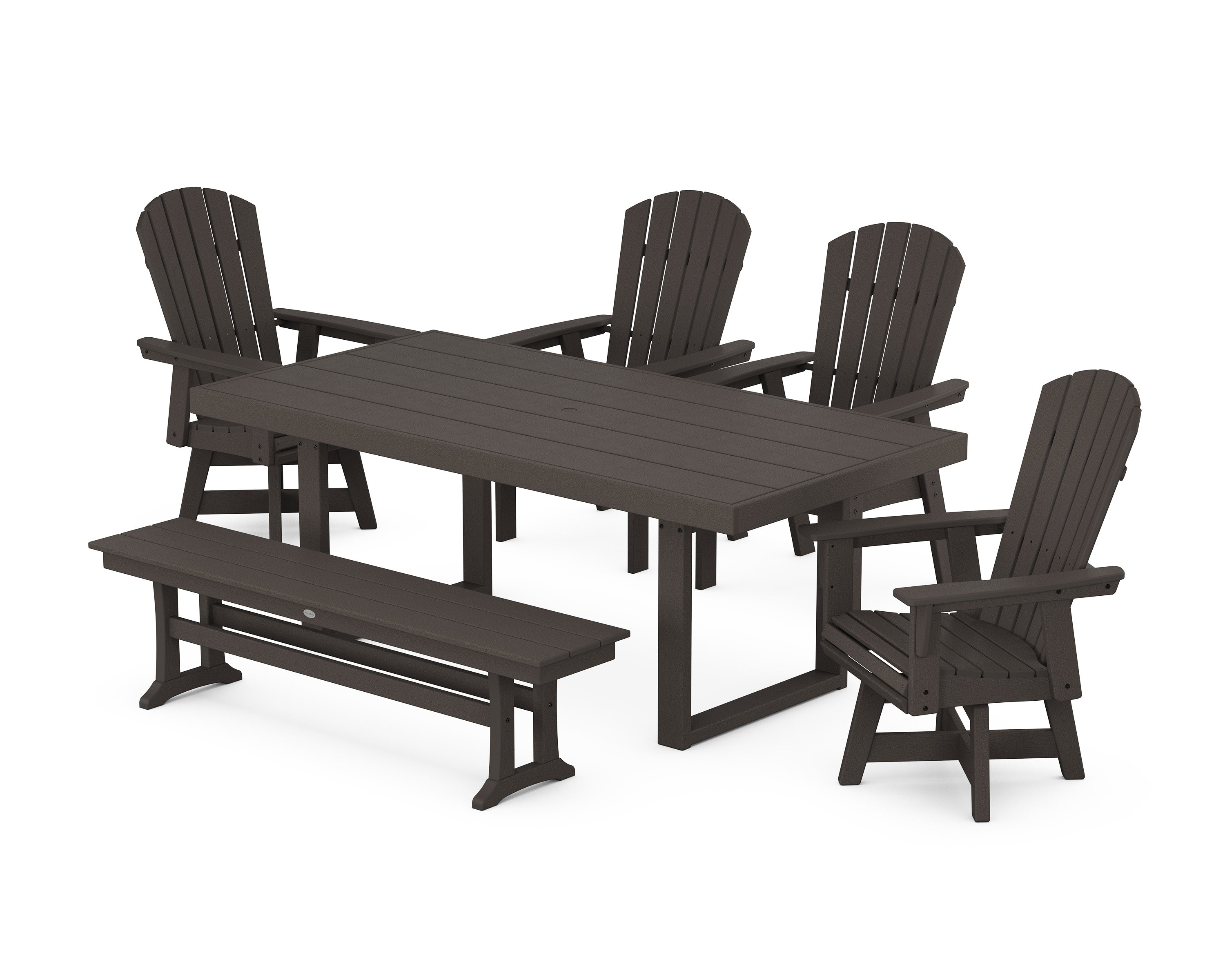 Nautical Curveback Adirondack Swivel Chair 6-Piece Dining Set with Bench in Vintage Coffee