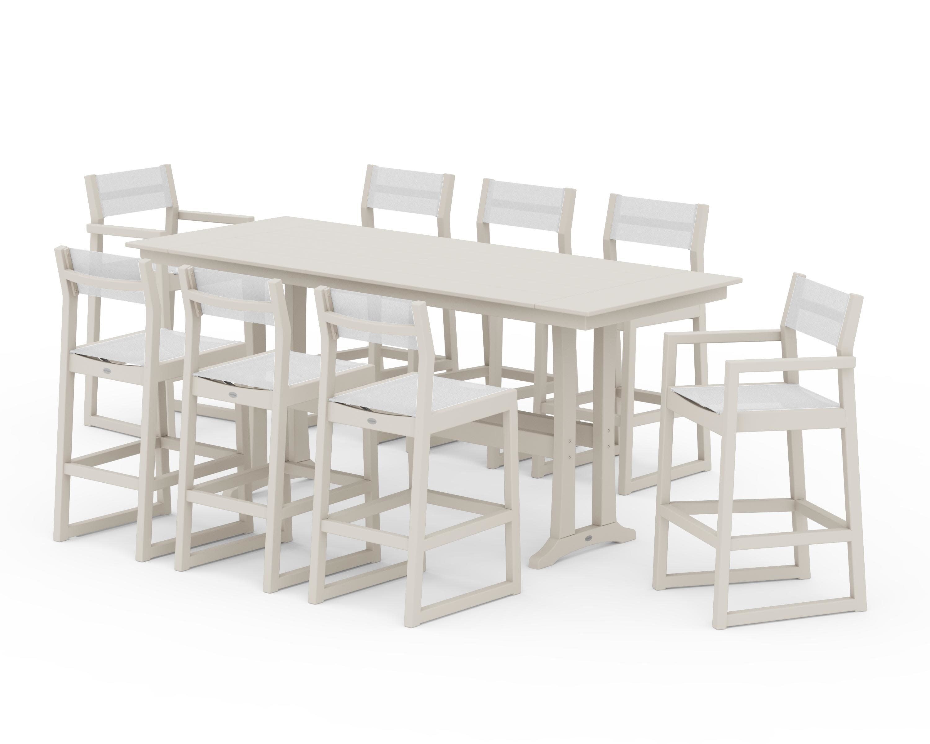 EDGE Sling 9-Piece Farmhouse Bar Set with Trestle Legs in Sand / White Sling