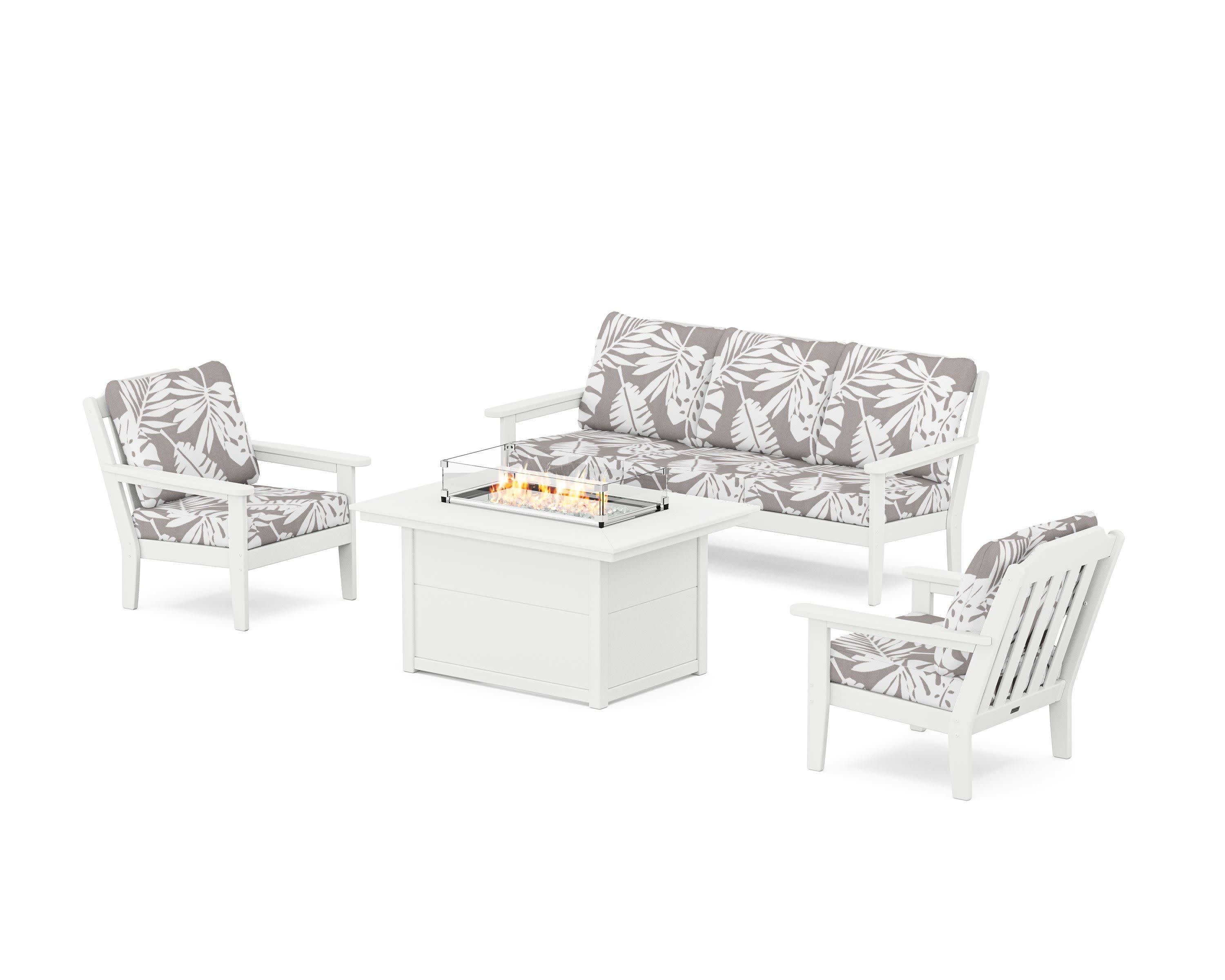 Cottage Deep Seating Fire Pit Table Set in White / Leaf Grey Mist