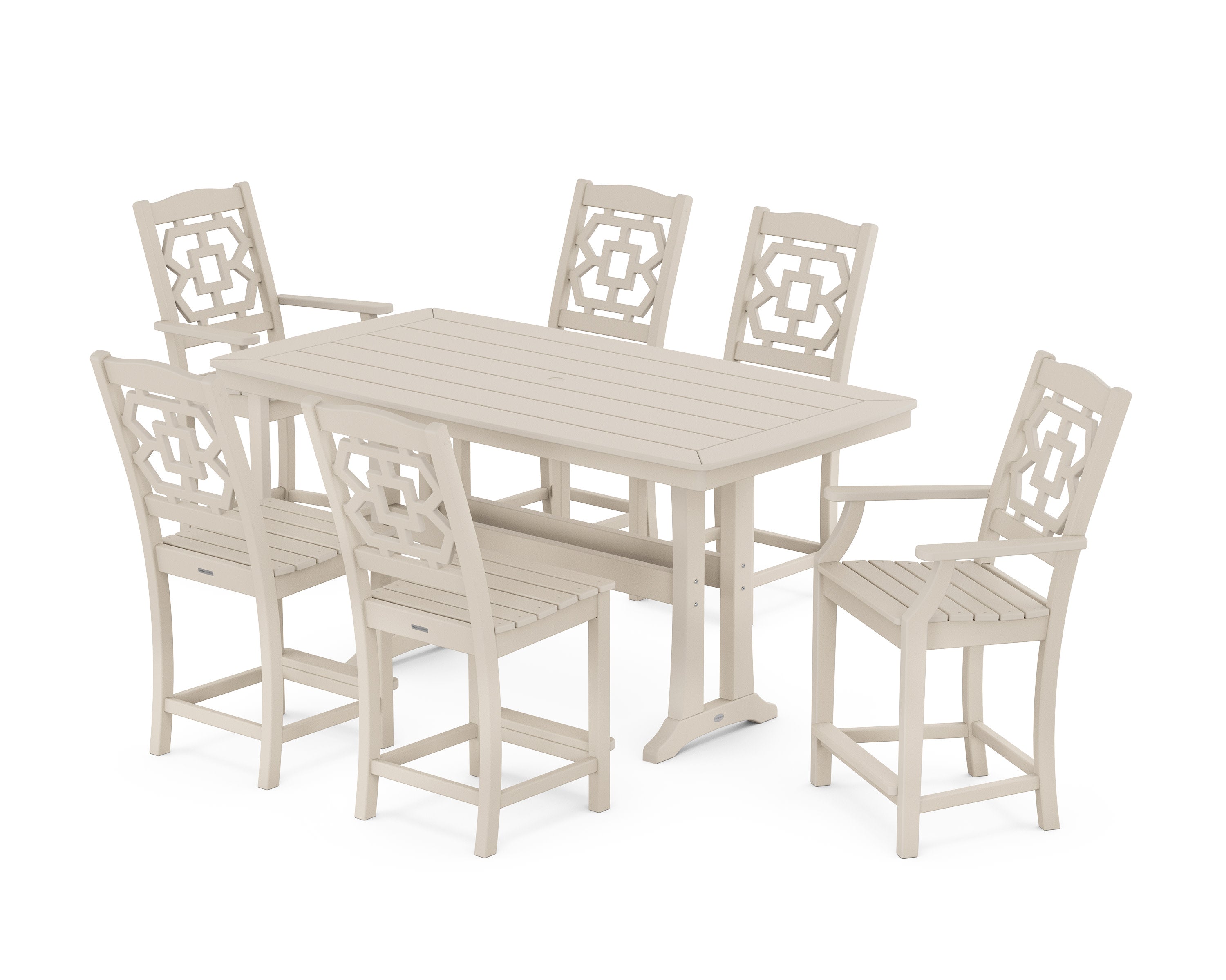 Chinoiserie 7-Piece Counter Set with Trestle Legs in Sand