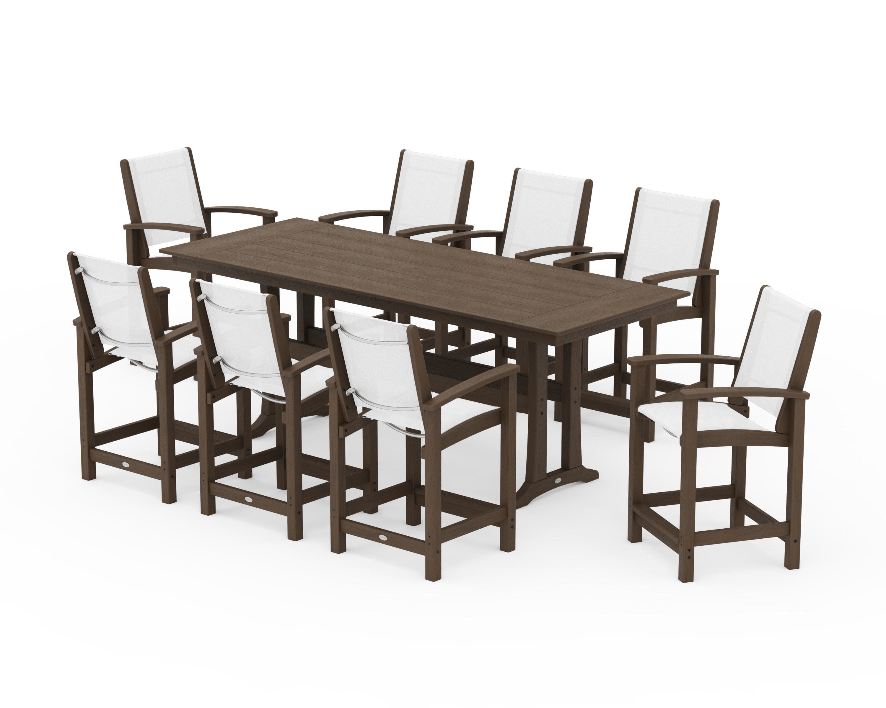 Coastal 9-Piece Farmhouse Counter Set with Trestle Legs in Kona / White Sling