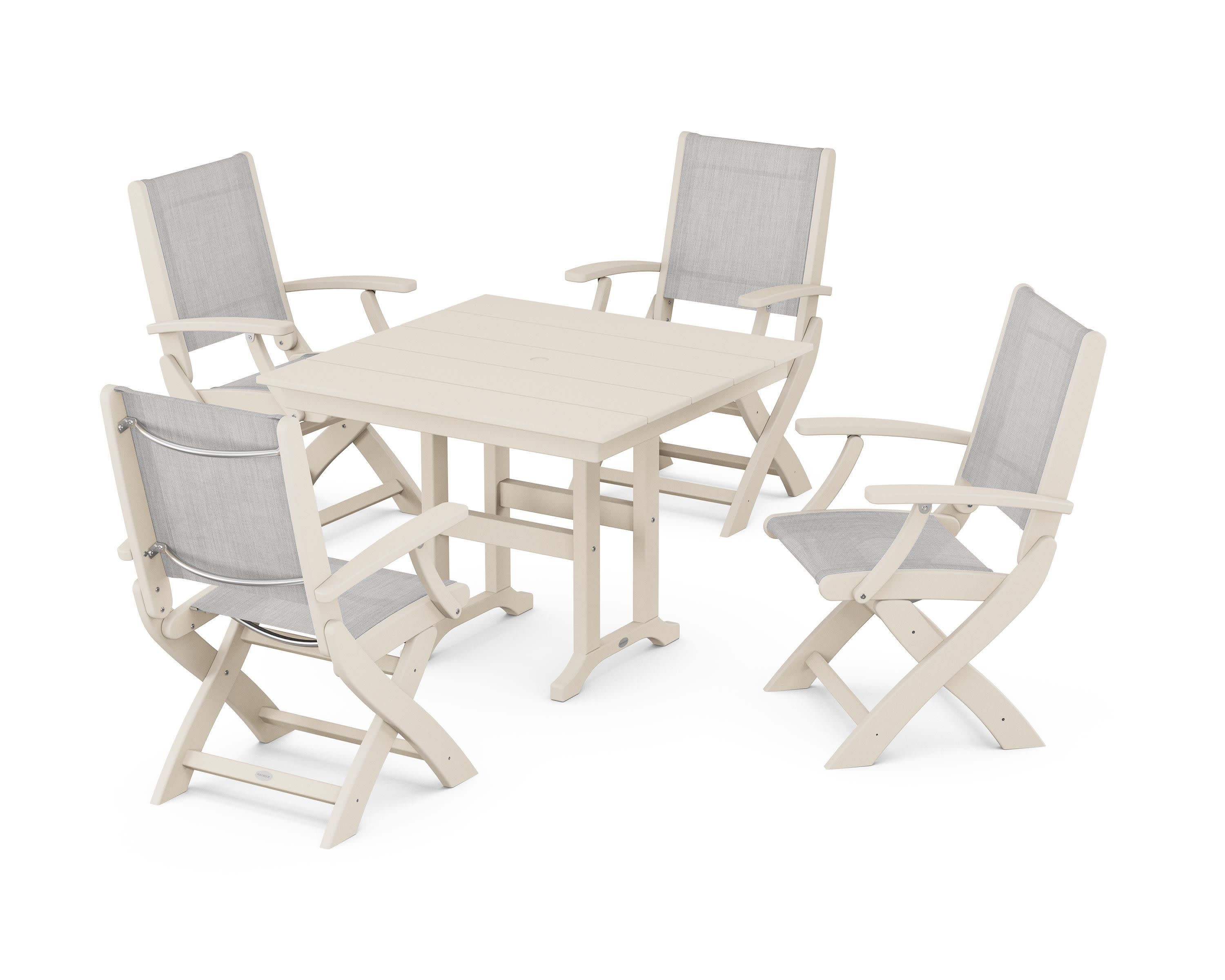 Coastal Folding Chair 5-Piece Farmhouse Dining Set in Sand / Parchment Sling