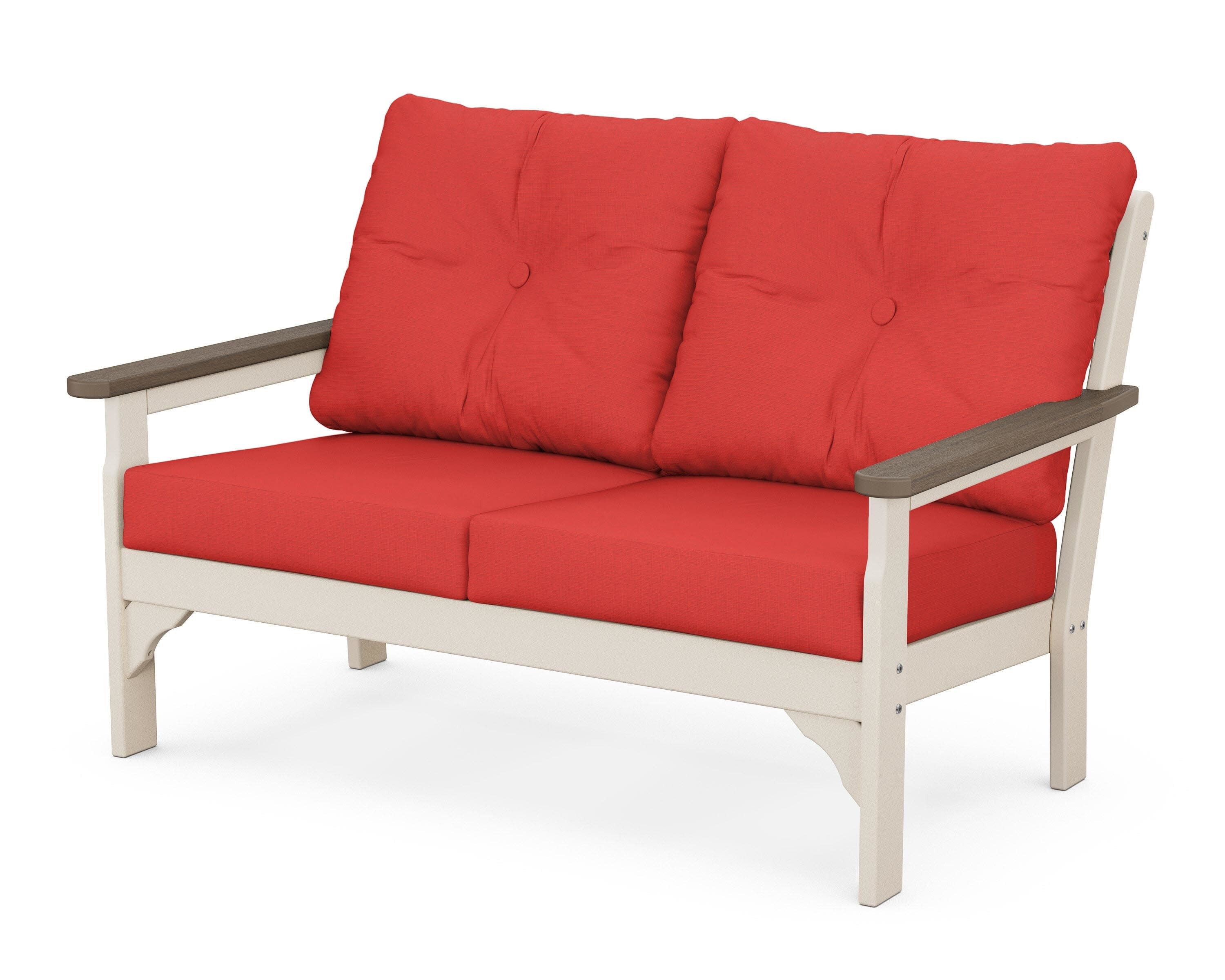 Vineyard Deep Seating Loveseat in Sand / Kona / Crimson Linen