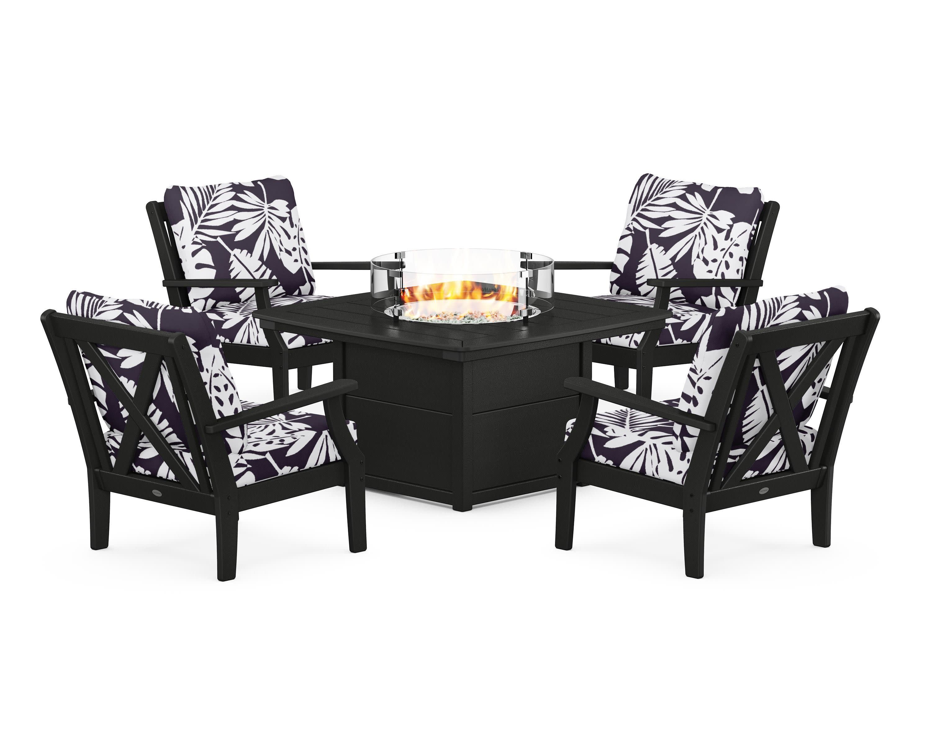 Braxton 5-Piece Deep Seating Conversation Set with Fire Pit Table in Black / Leaf Navy