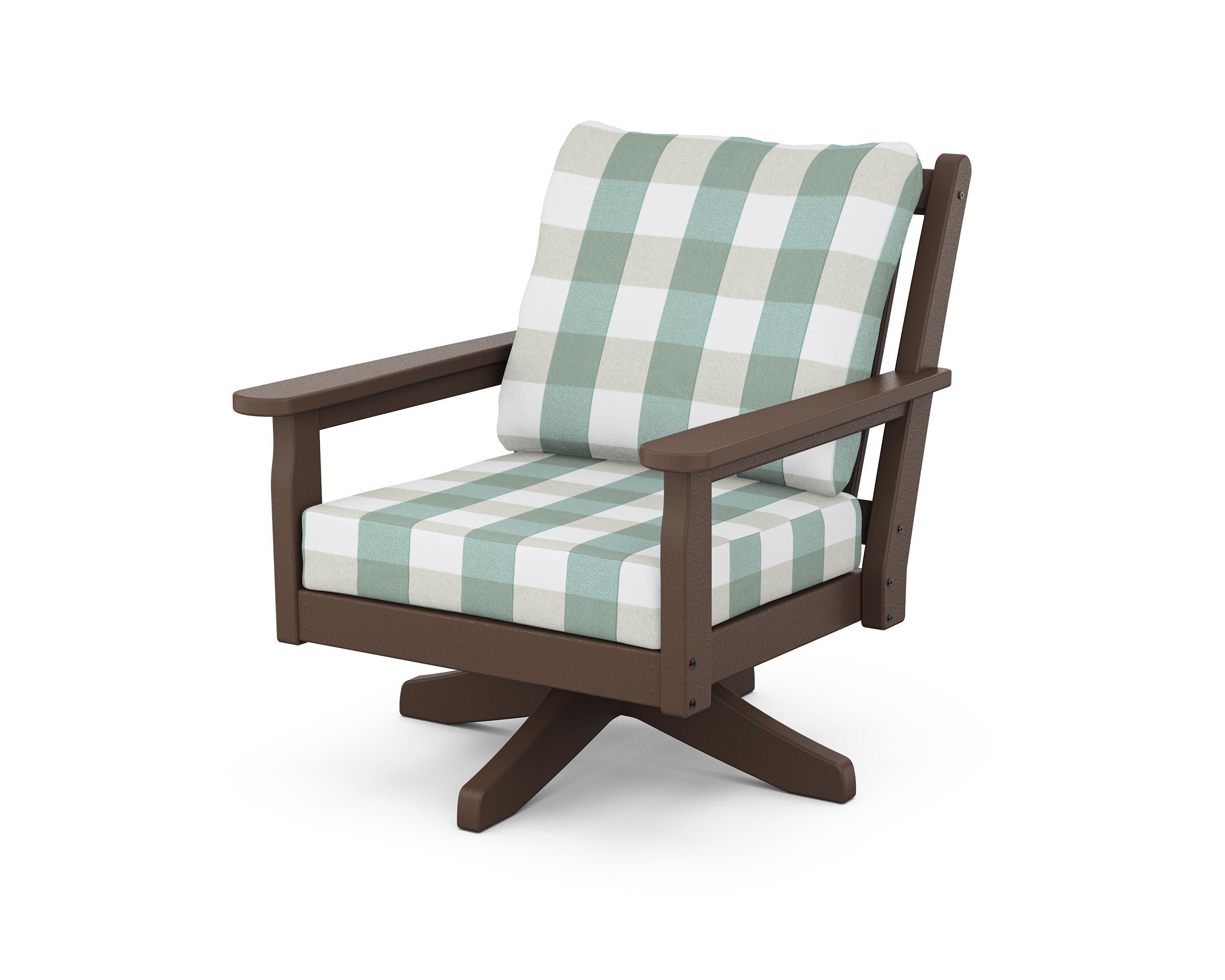 Chippendale Deep Seating Swivel Chair in Mahogany / Buffalo Plaid Glacier Spa